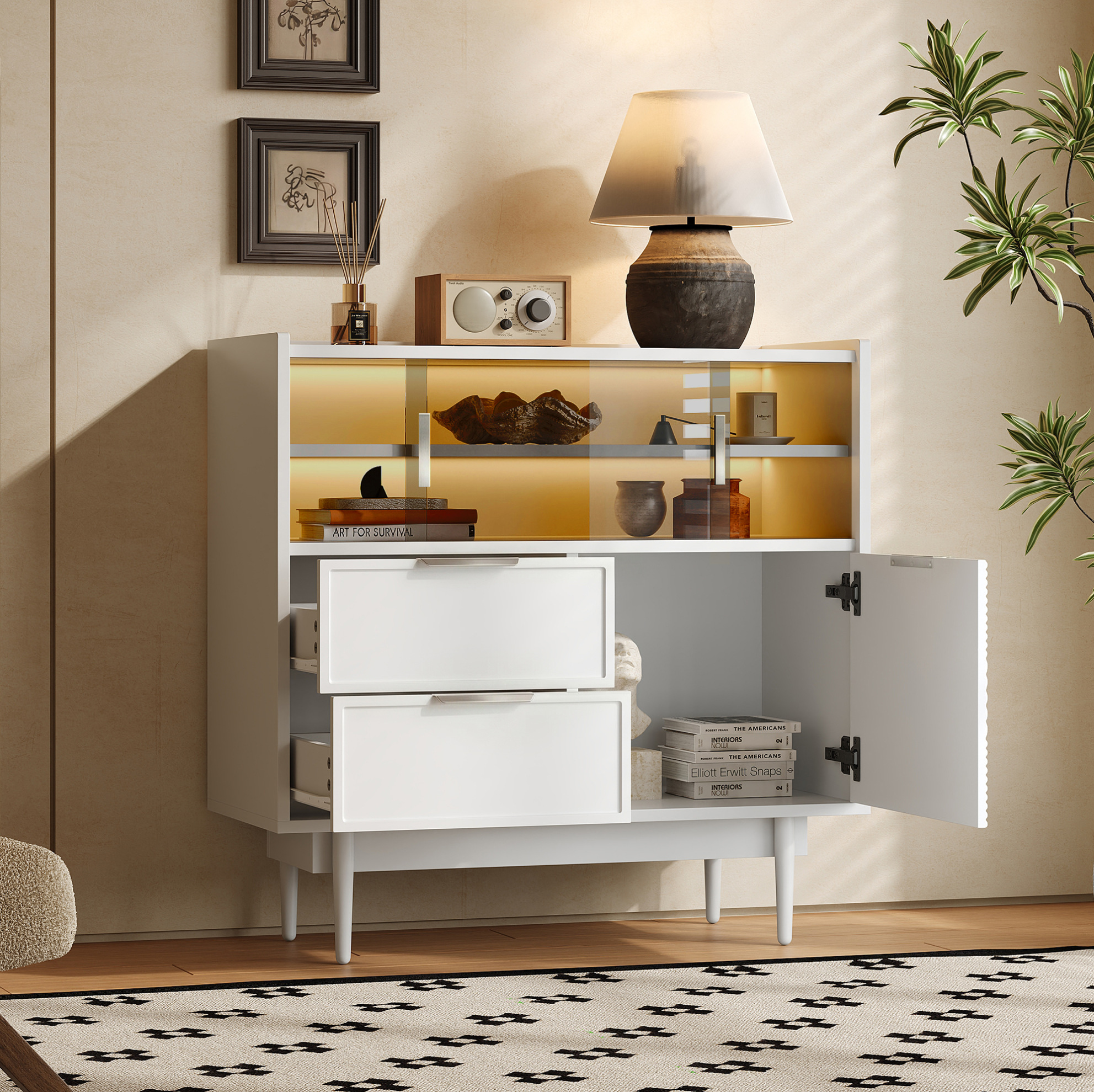 Aufbewahrungsschrank 80 Cm Weiß Mdf Mit Glasschiebetüren, Offenen Fächern Und Led-lichtleiste