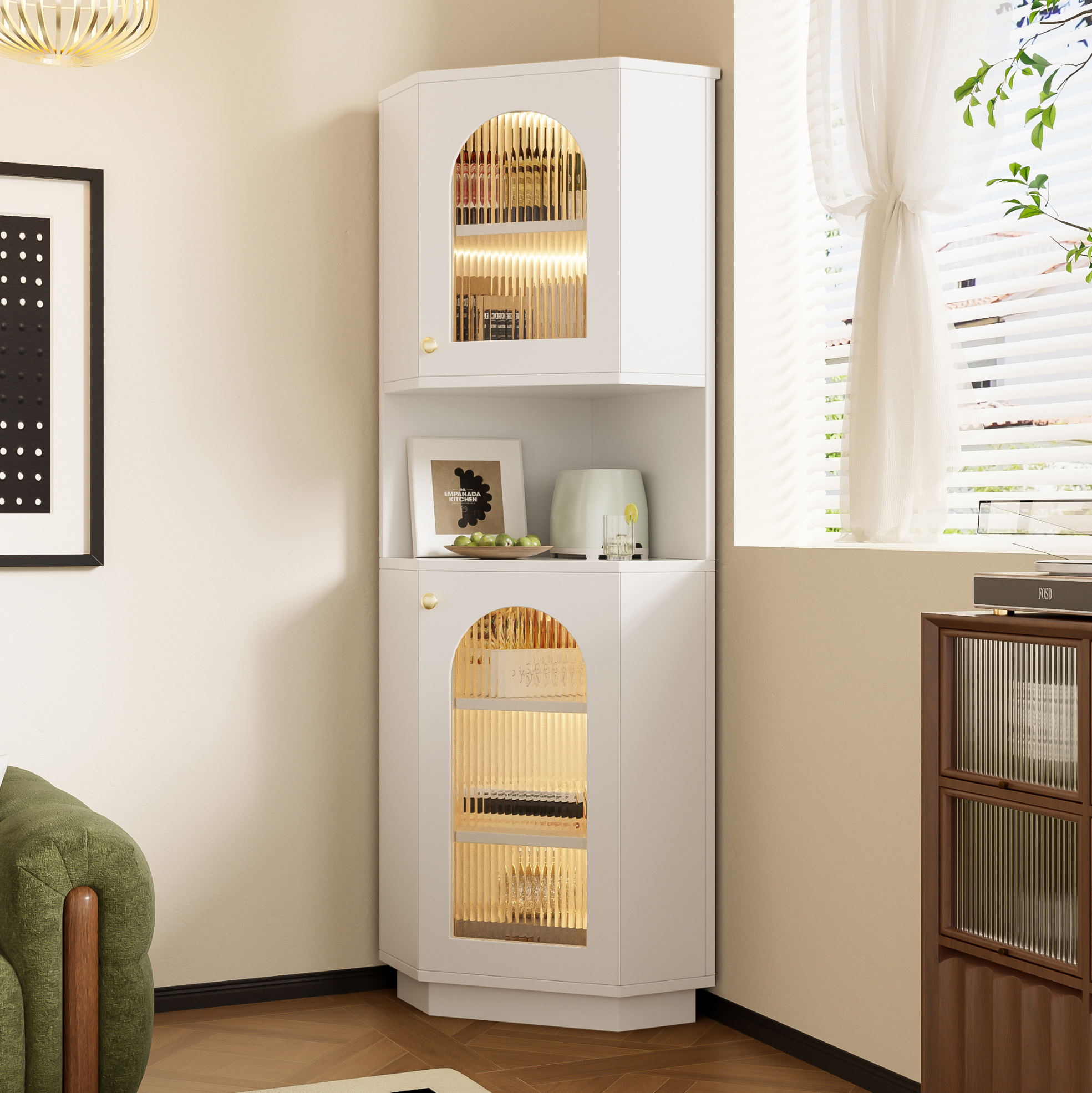 Bad-eckschrank 45x45x166.5 Cm Weiß Aus Mdf Mit Lichtleiste Und Glastür