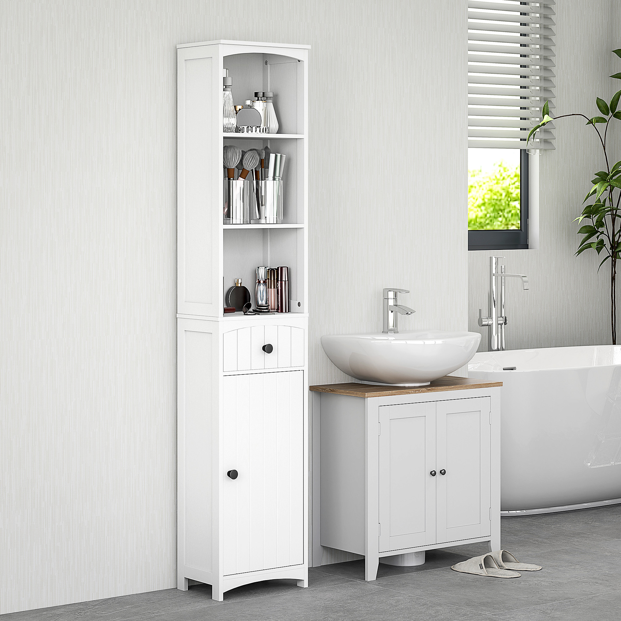 Badezimmerschrank 34x24x170.5 Cm Weiß Holz Mit Schublade, Schrankfach Und 3 Regalen