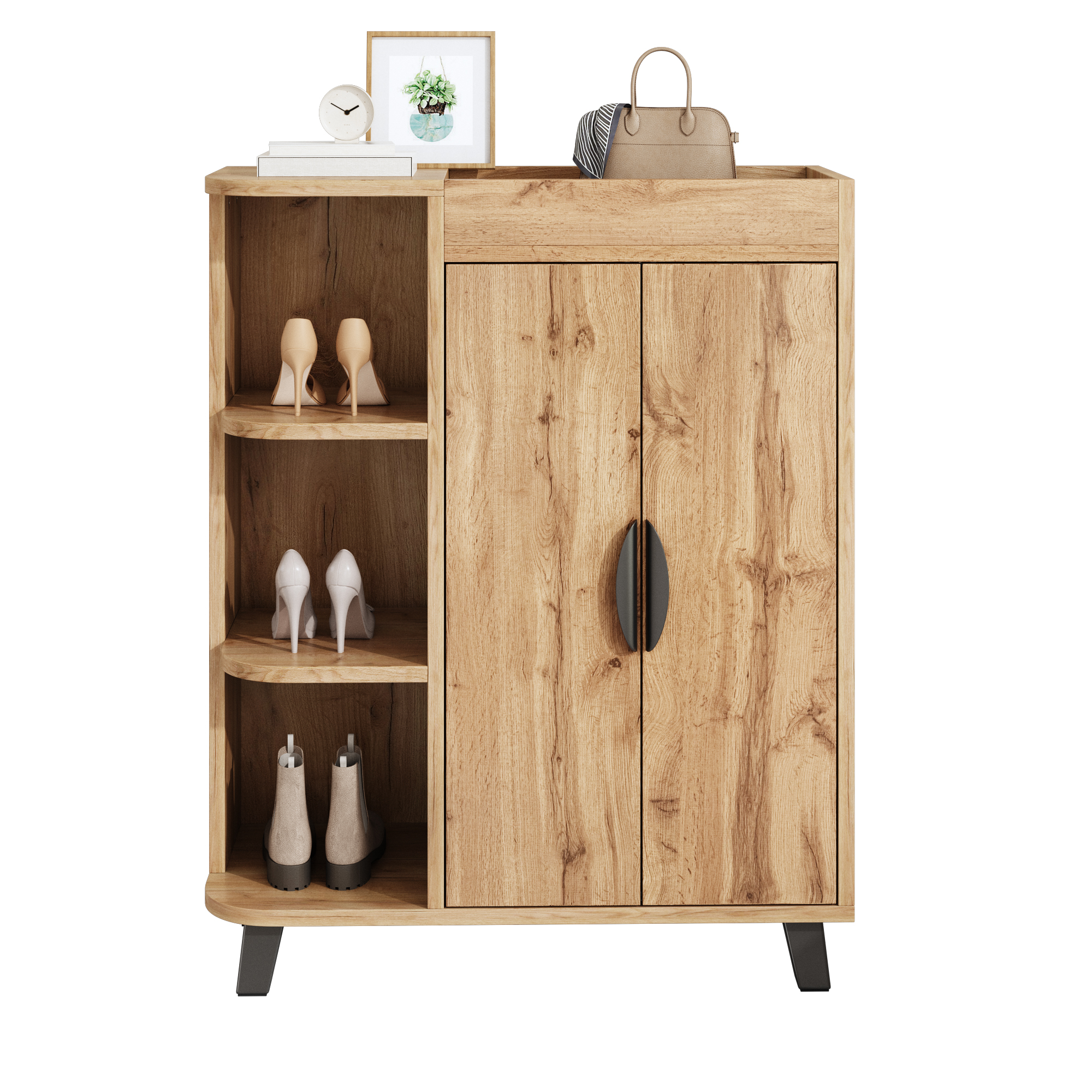 Schmaler Schuhschrank Mit Offenen Fächern, Holzoptik, Für Kleine Flure (natur)