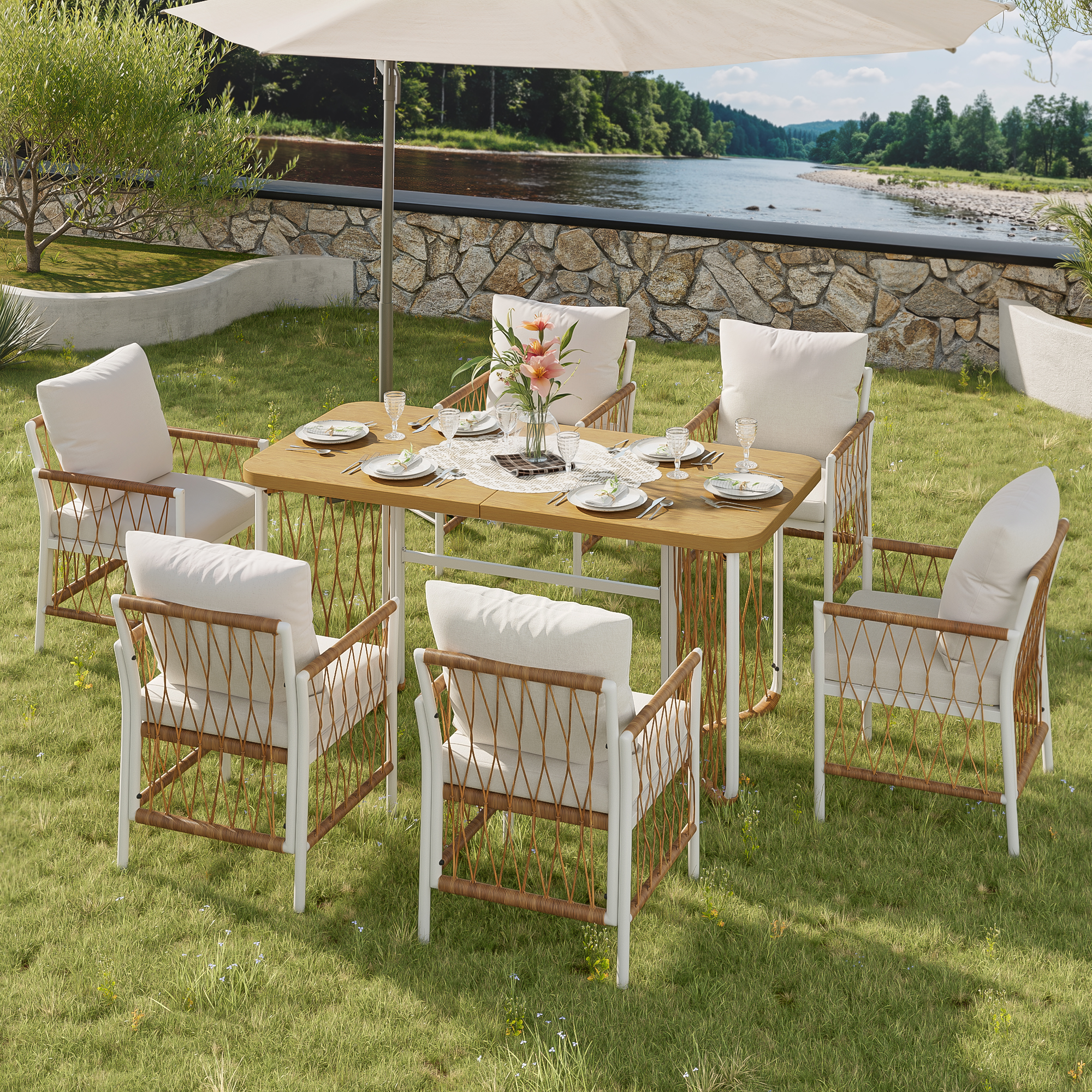 Outdoor-set Mit Tisch, 6 Stühlen, Rattan, Für Terrasse & Garten