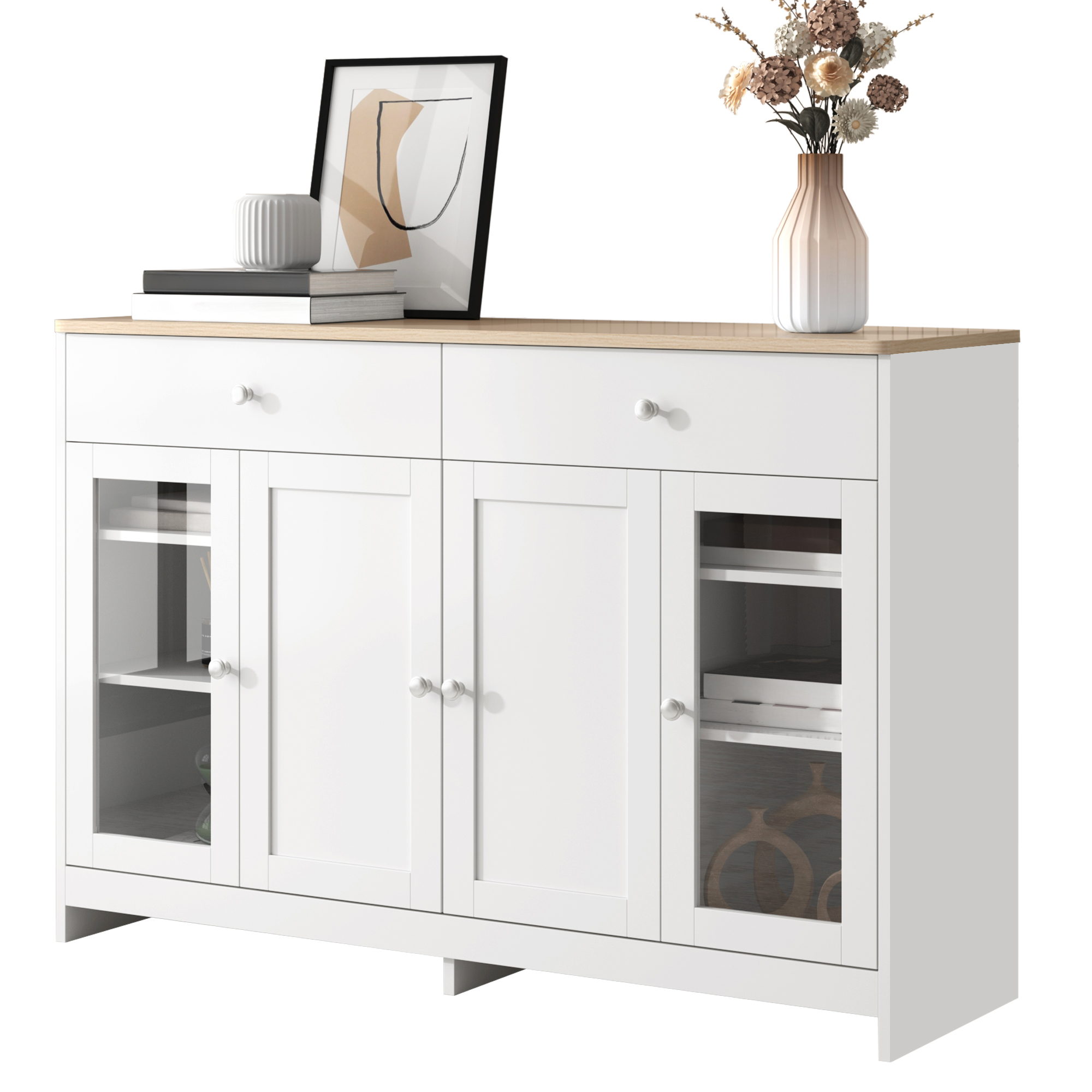 Sideboard Weiß/holz Mit 4 Türen, 2 Schubladen, Glastür, 120x80x37 Cm, Für Wohnzimmer & Esszimmer