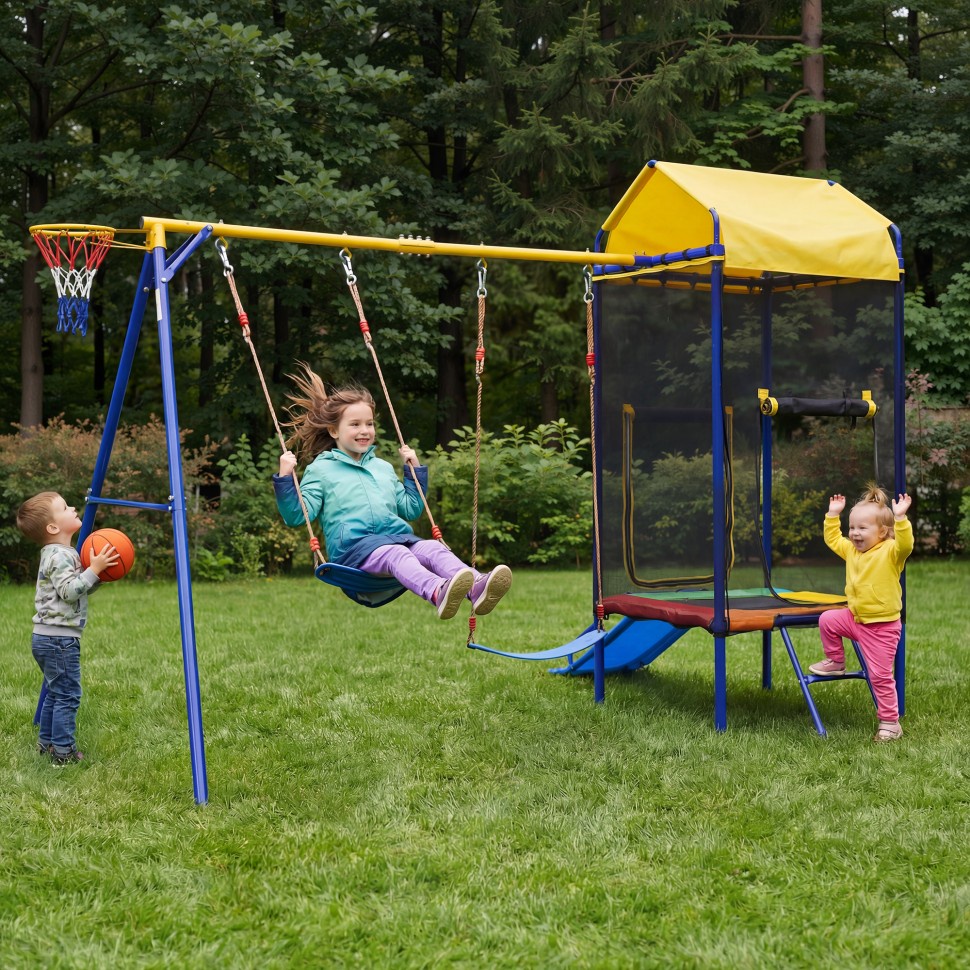4-in-1-spielplatz Für Draußen – Trampolin Mit Sicherheitsnetz, Doppelschaukel, Rutsche Und Basketballkorb – Mehrfarbiges Gestell