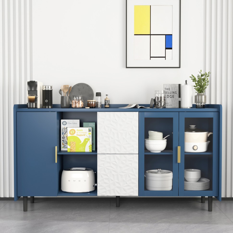 Sideboard 150 X 40 X 80 Cm – Mit 2 Glastüren & 2 Design-schubladen – Hohe Füße Für Staubsaugerroboter – Blau Und Weiß