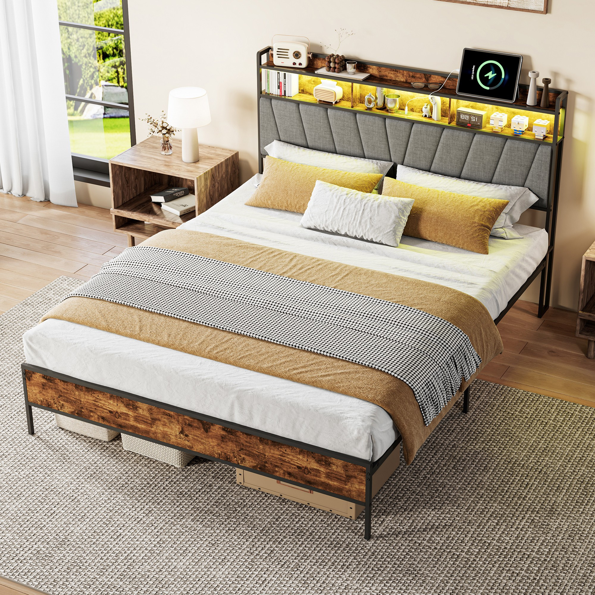 Bett 160 X 200 Cm – Doppelbett 160 X 200 Cm Mit Lattenrost – Kopfteil Mit Led-beleuchtung, Ladesteckdosen Und Ablagefach – Metall Und Holz