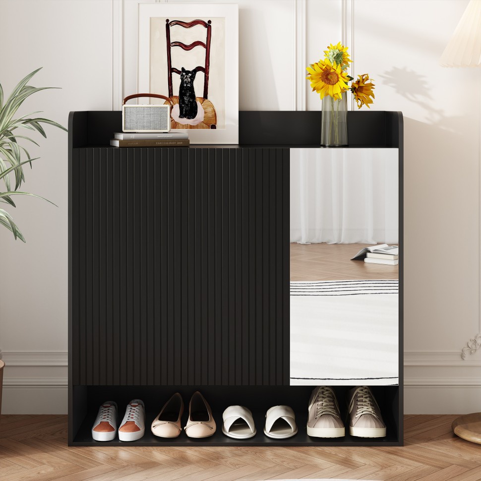 Schuhschrank 110 X 35,5 X 110 Cm – Geriffeltes Schwarzes Gestell Mit Großem Integriertem Spiegel Und Verstellbaren Einlegeböden – Schwarz