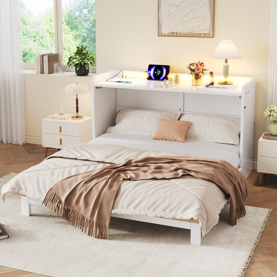 Klappbett 140 X 200 Cm – Mit Schubladen, Usb-anschluss & Steckdose, Led-beleuchtung Per App, Robuste Mdf-konstruktion – Hochglanzweiß