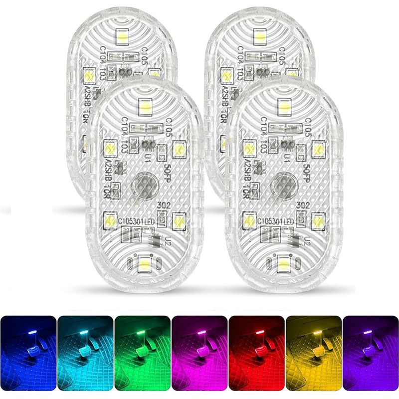 4-teiliges Rgb-autoinnenbeleuchtungsset, 7-farbige Led-touch-lampe, Usb-wiederaufladbare Deckenleuchte