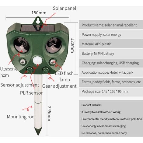 Ultraschall-katzenabwehrgerät, Wasserdichtes, Solarbetriebenes Katzenabwehrgerät Mit Einstellbarer Frequenz – Mit Alarm Und Blinklichtern Zur Abschreckung Von Katzen