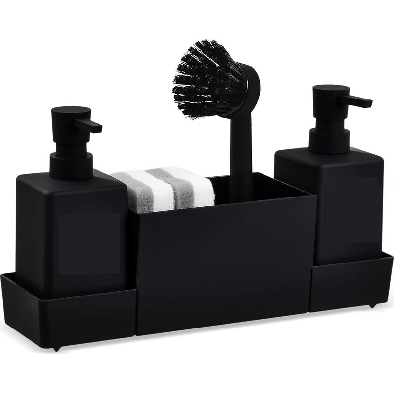 4-in-1 Spülmittelspender – Schwamm- Und Bürstenhalter Mit Praktischem Spülbecken-organizer – Eleganter Seifenspender Für Küche Und Bad, Schwarz, Kunststoff, 32 X 10 X 15 Cm