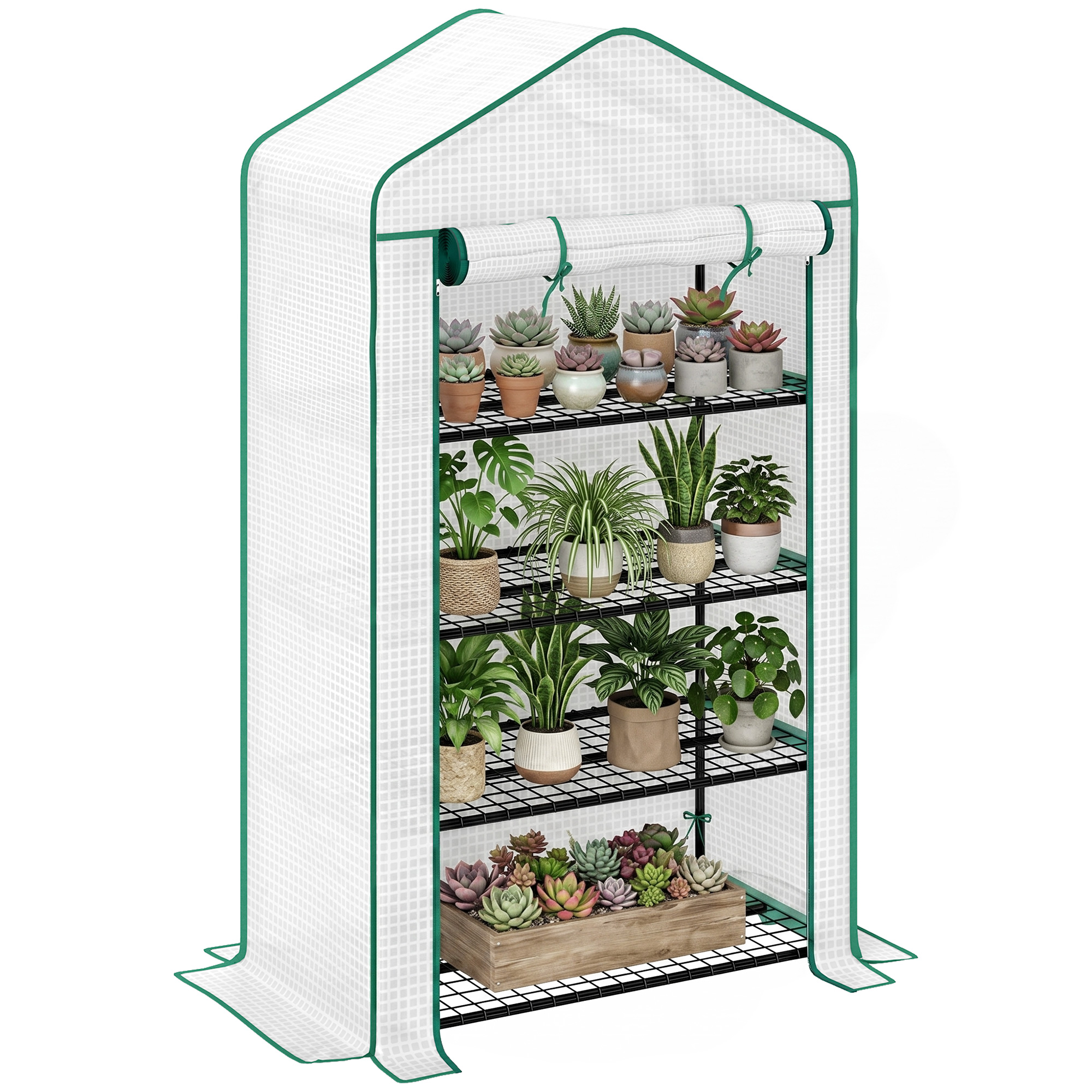 Balkon Gewächshaus Gartenregal 4 Ebenen 90 X 49 X 160 Cm Aus Verzinktem Stahl Mit Abnehmbarer Pe-hochdichte-folie Weiß