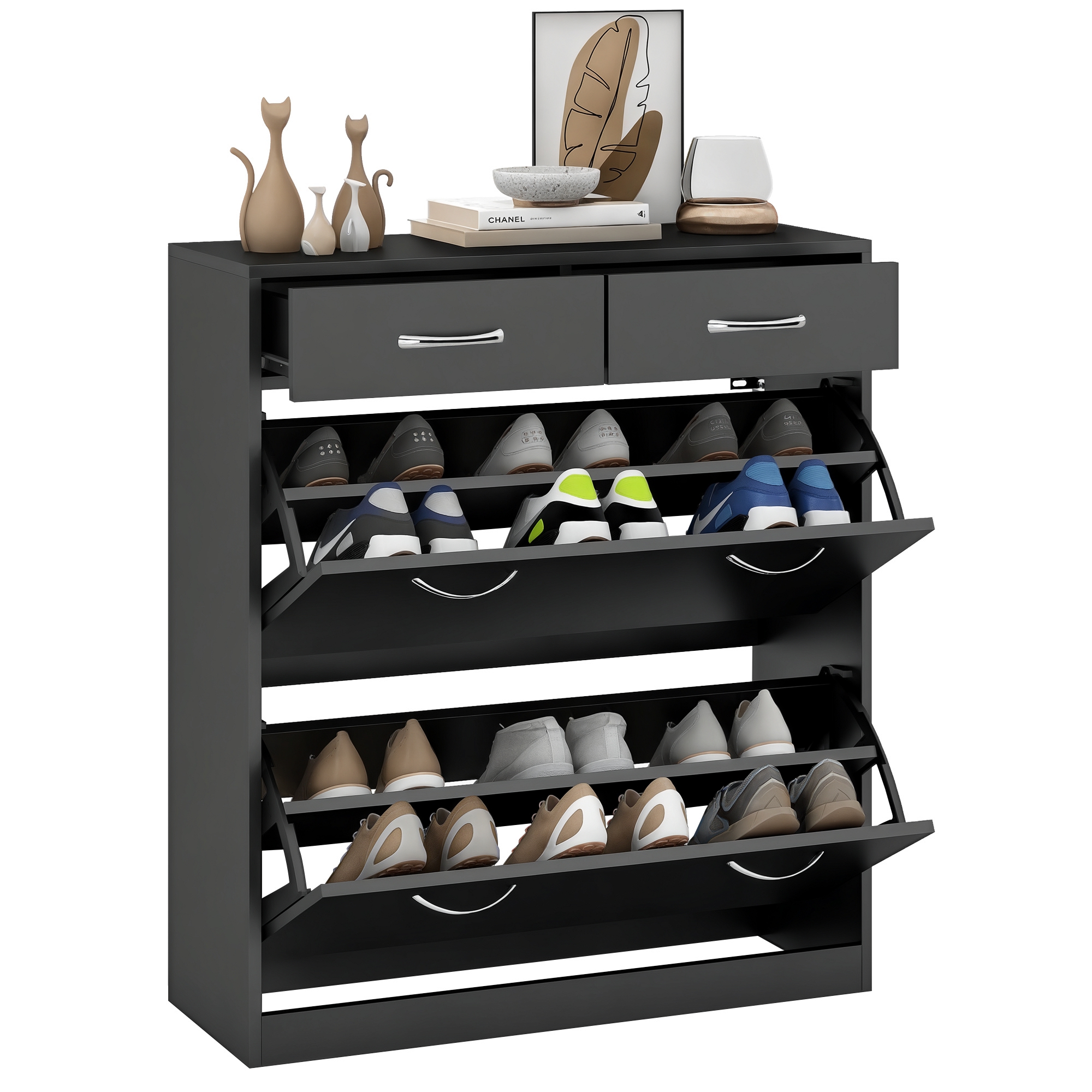 Schuhschrank Mit 2 Schubladen Und 2 Klapptüren Verstellbarem Regal Aluminiumgriffen 80 X 30 X 91,5 Cm Schwarz