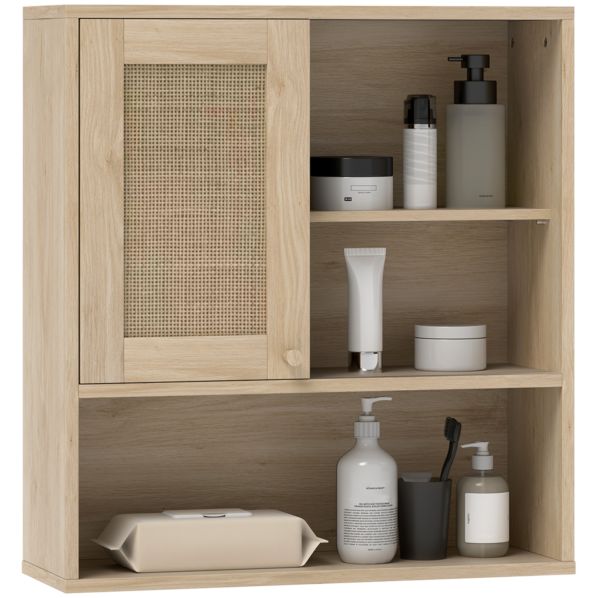 Hängeschrank Badschrank Mit Schiebetür Aus Rattan Und Offenen Regalen Naturholz