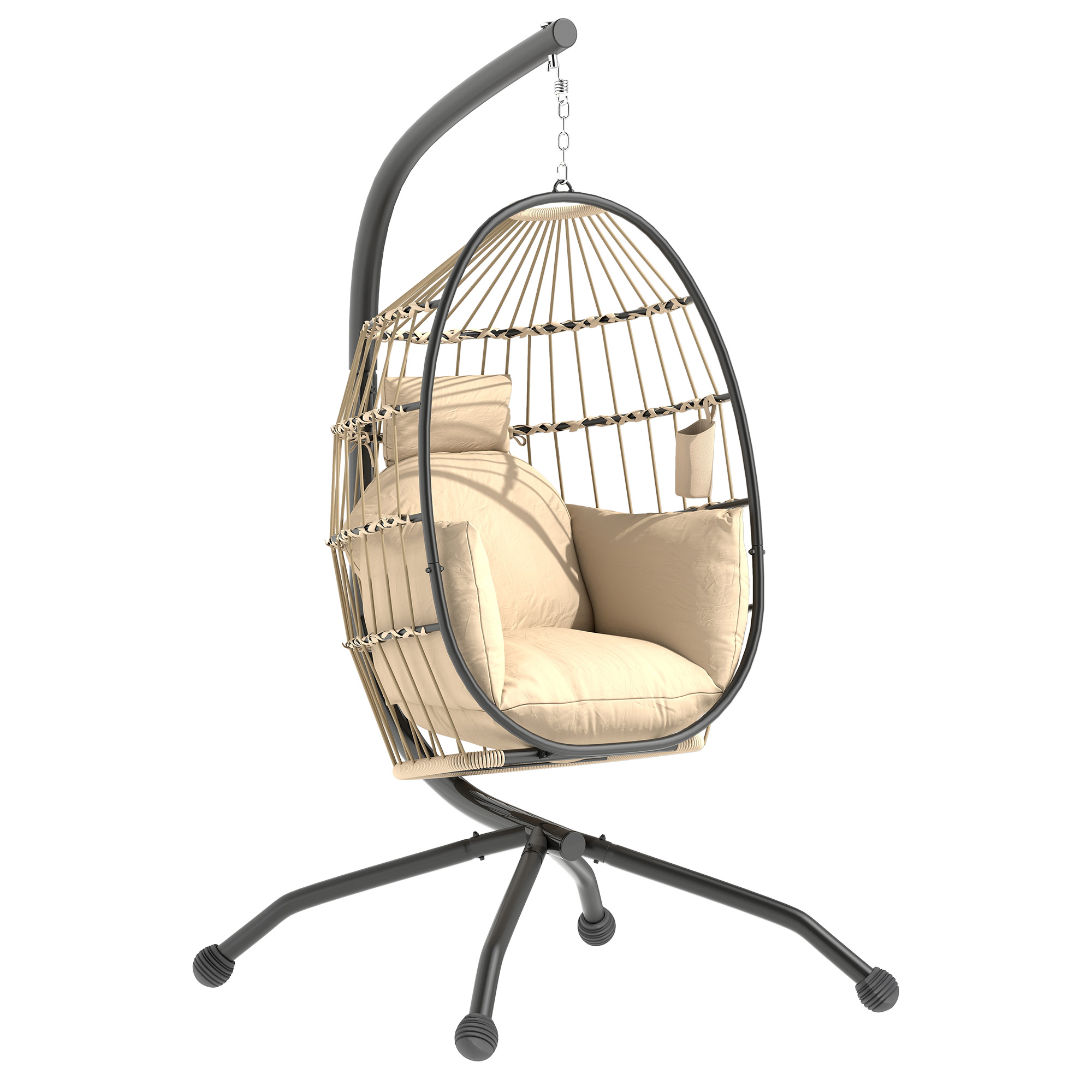 Hängesessel Ei-sessel Für Innen Und Außen Faltbarer Korb Mit Polster Stahlgestell Beige