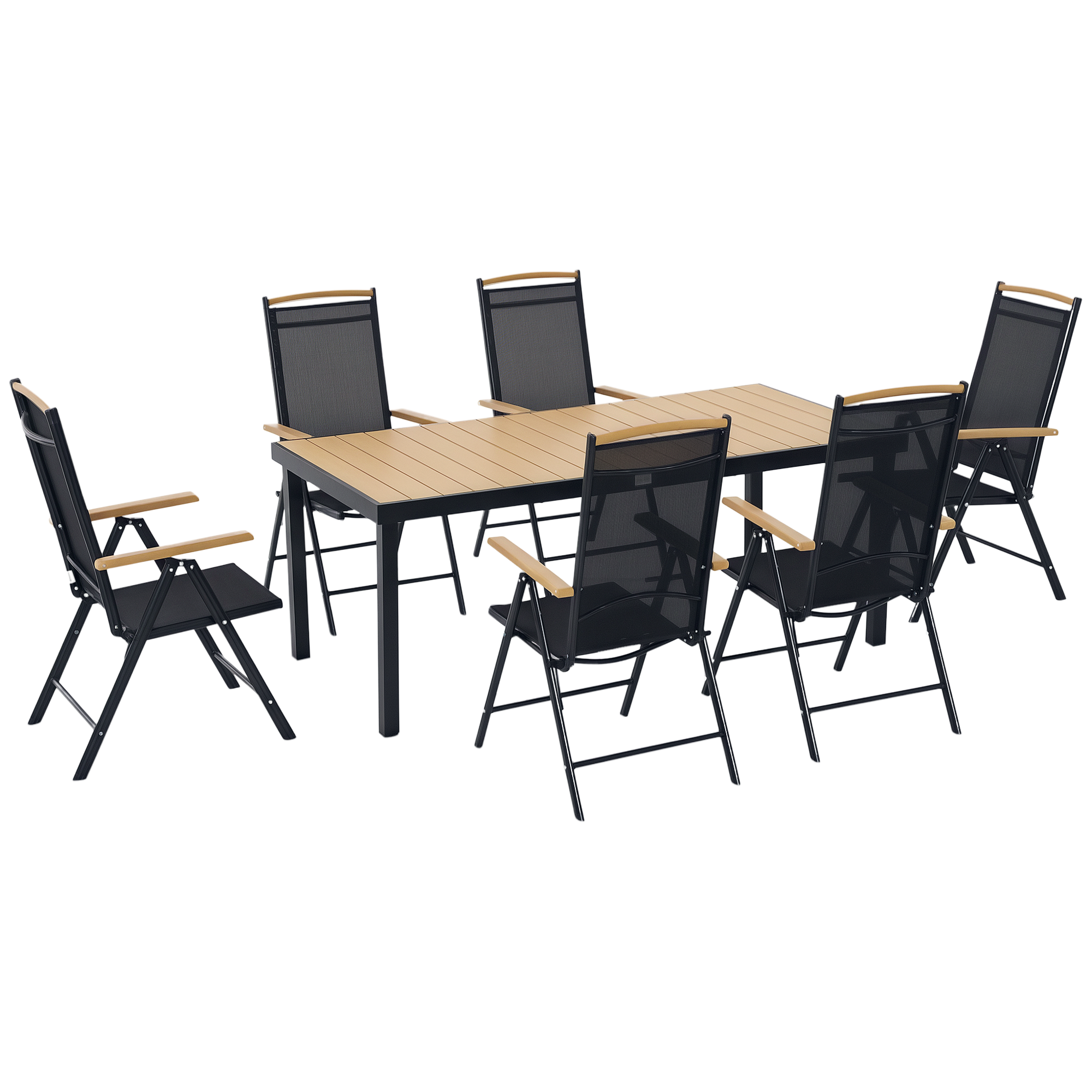 Gartenmöbel Set 6 Personen Aluminiumrahmen Mit 190 Cm Tisch Und 6 Klappbaren Verstellbaren Stühlen Schwarz