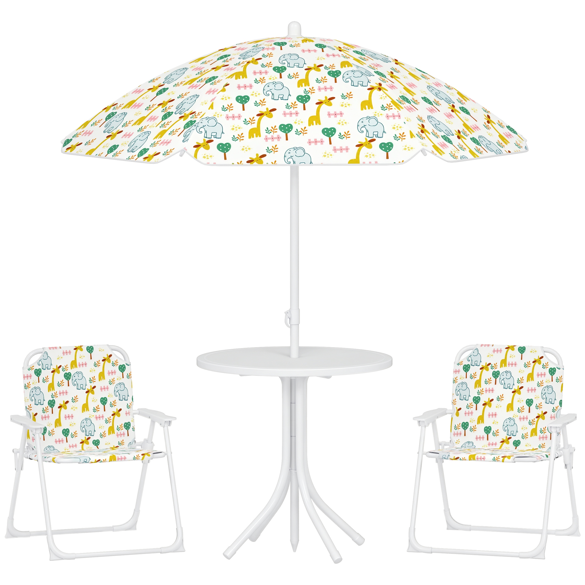 Kinder Gartenmöbel Set 4-teilig Outdoor Mit Elefant Und Giraffe Motiv Verstellbarer Sonnenschirm Ø 100 Cm Klappstuhl