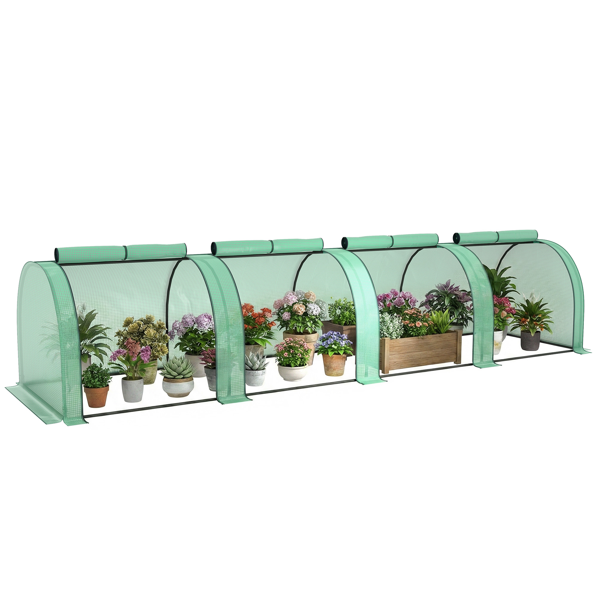 Mini Gewächshaus Tomatengewächshaus Garten 4 X 1 X 0,80 M Aus Stahl Mit Uv-beständiger Pe-folie, 4 Rolltüren Mit Reißverschluss Grün