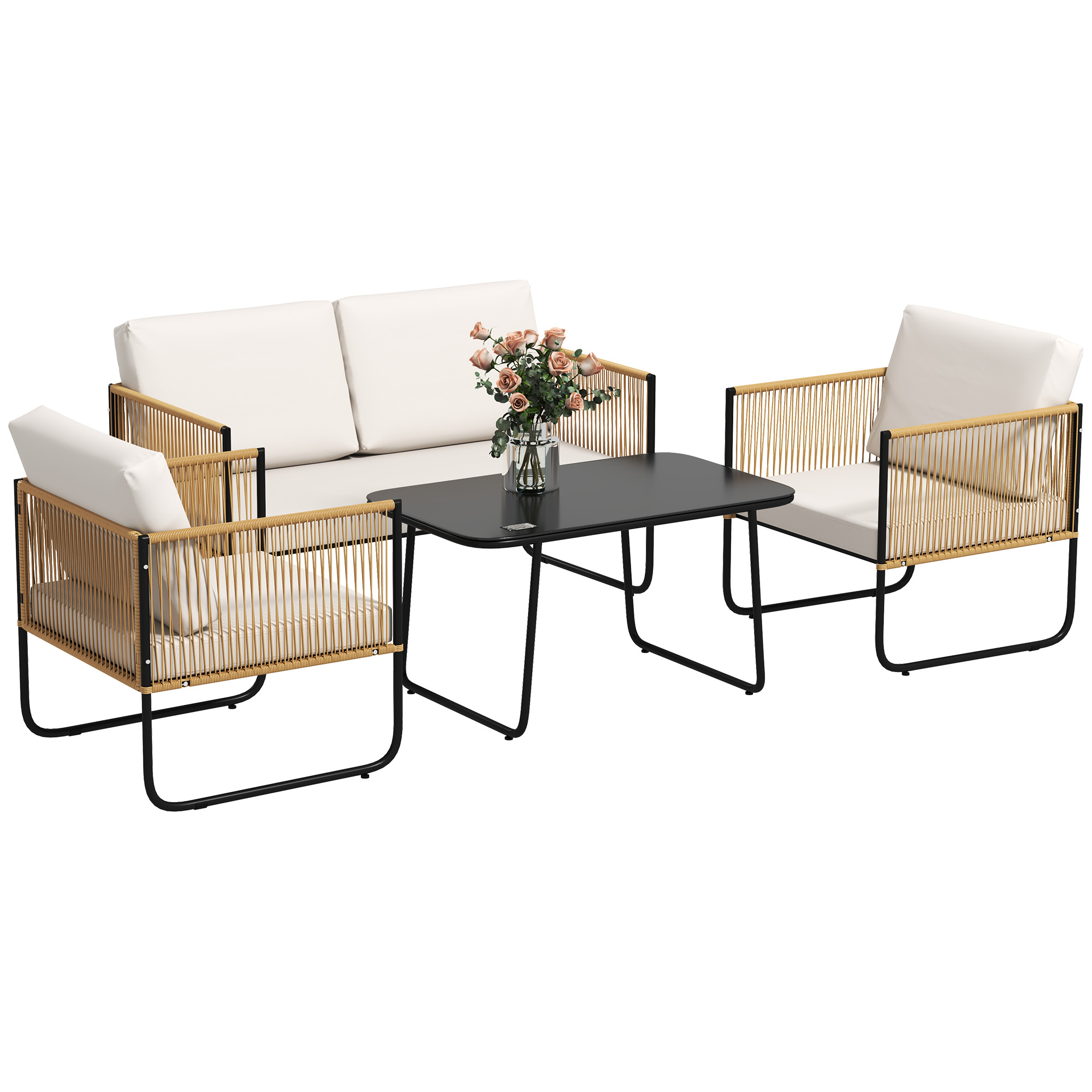Gartenmöbel Set 4-teilig Mit 2-sitzer Sofa 2 Sesseln Glastisch Und Kissen Cremeweiß