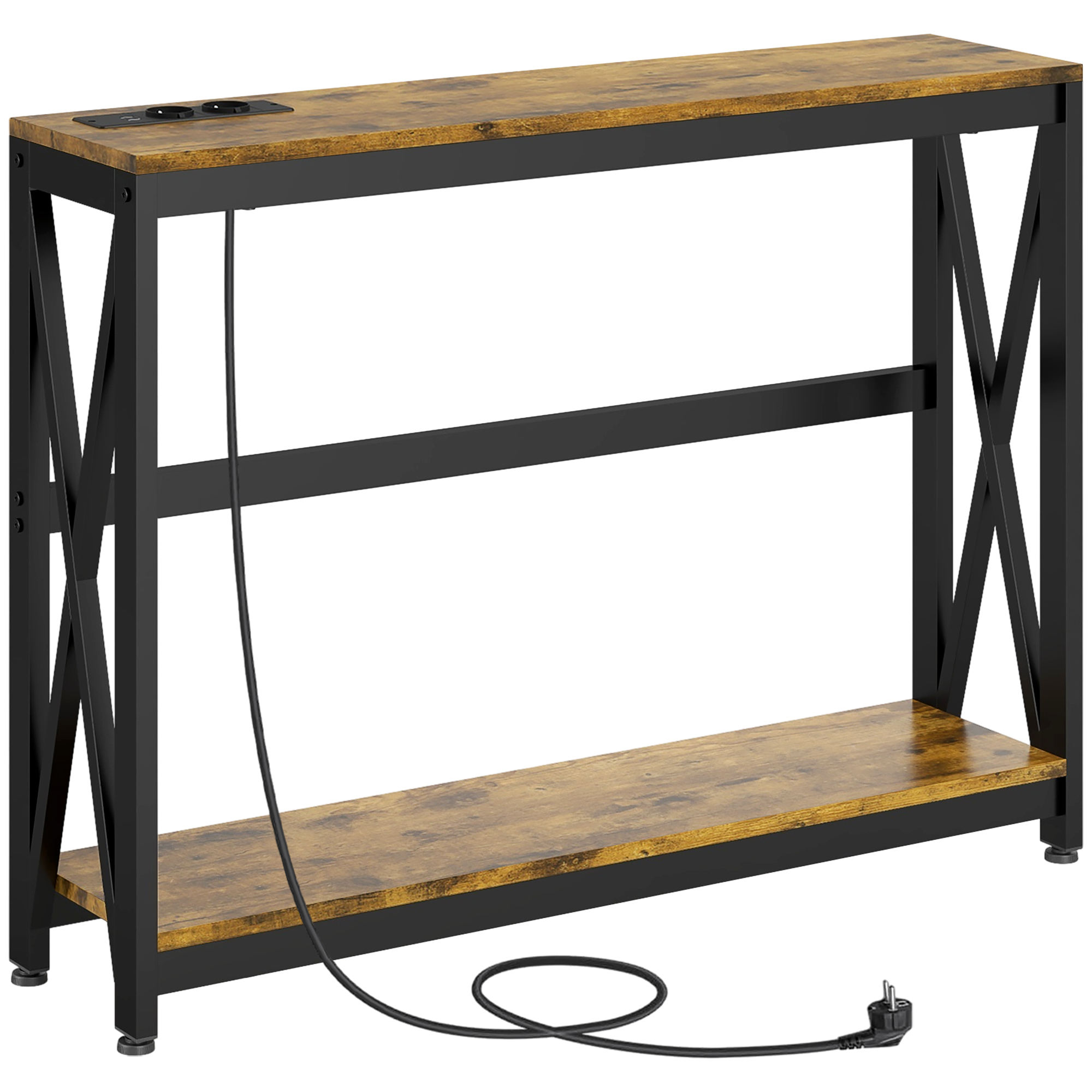 Konsolentisch Schmal 2 Ebenen Industrial Design Mit Steckdosen Und Usb-anschlüssen 100 X 24 X 75 Cm Braun