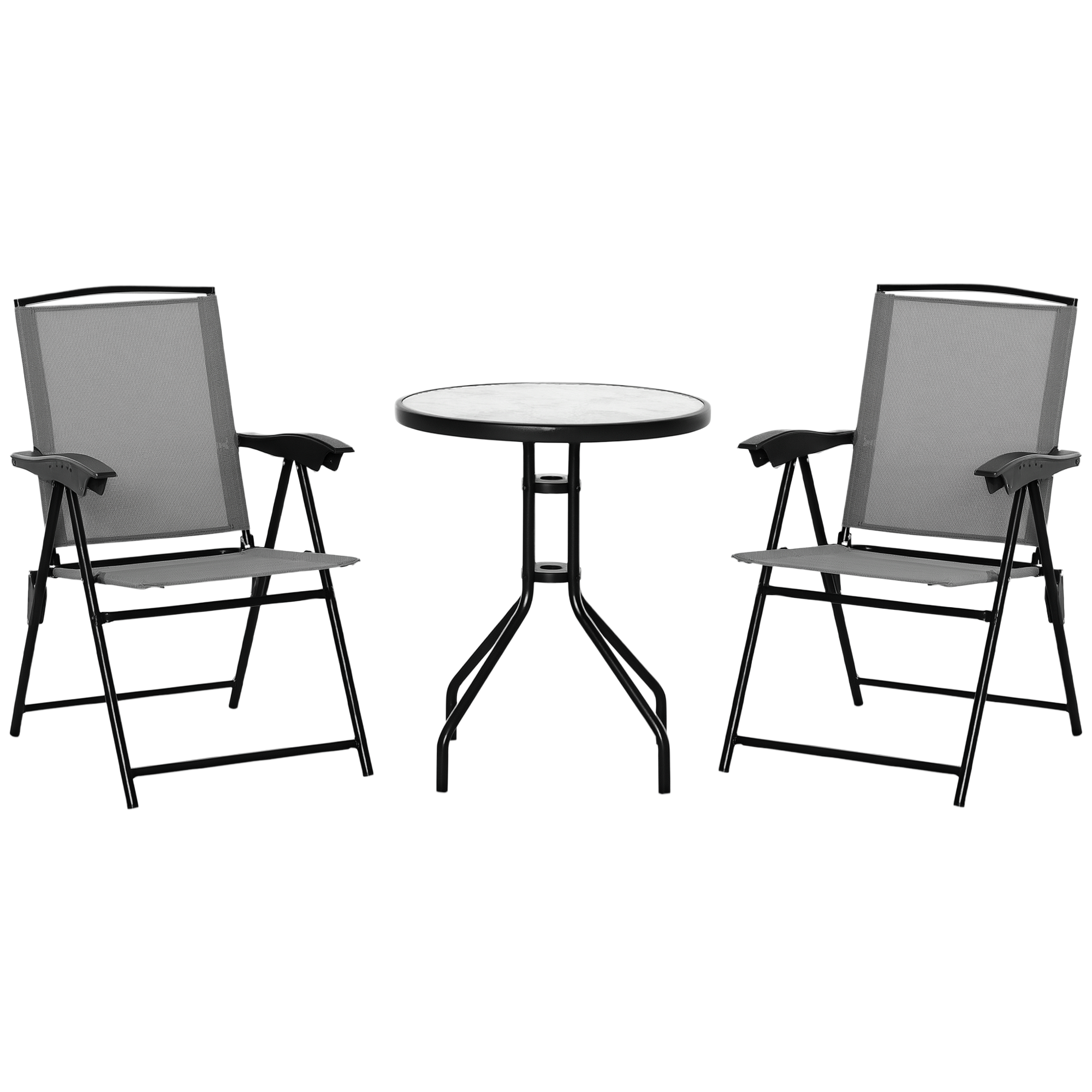 3-teiliges Gartenmöbel Set Mit 2 Verstellbaren Klappstühlen Und Rundem Tisch Glasplatte Metall Textilene Grau