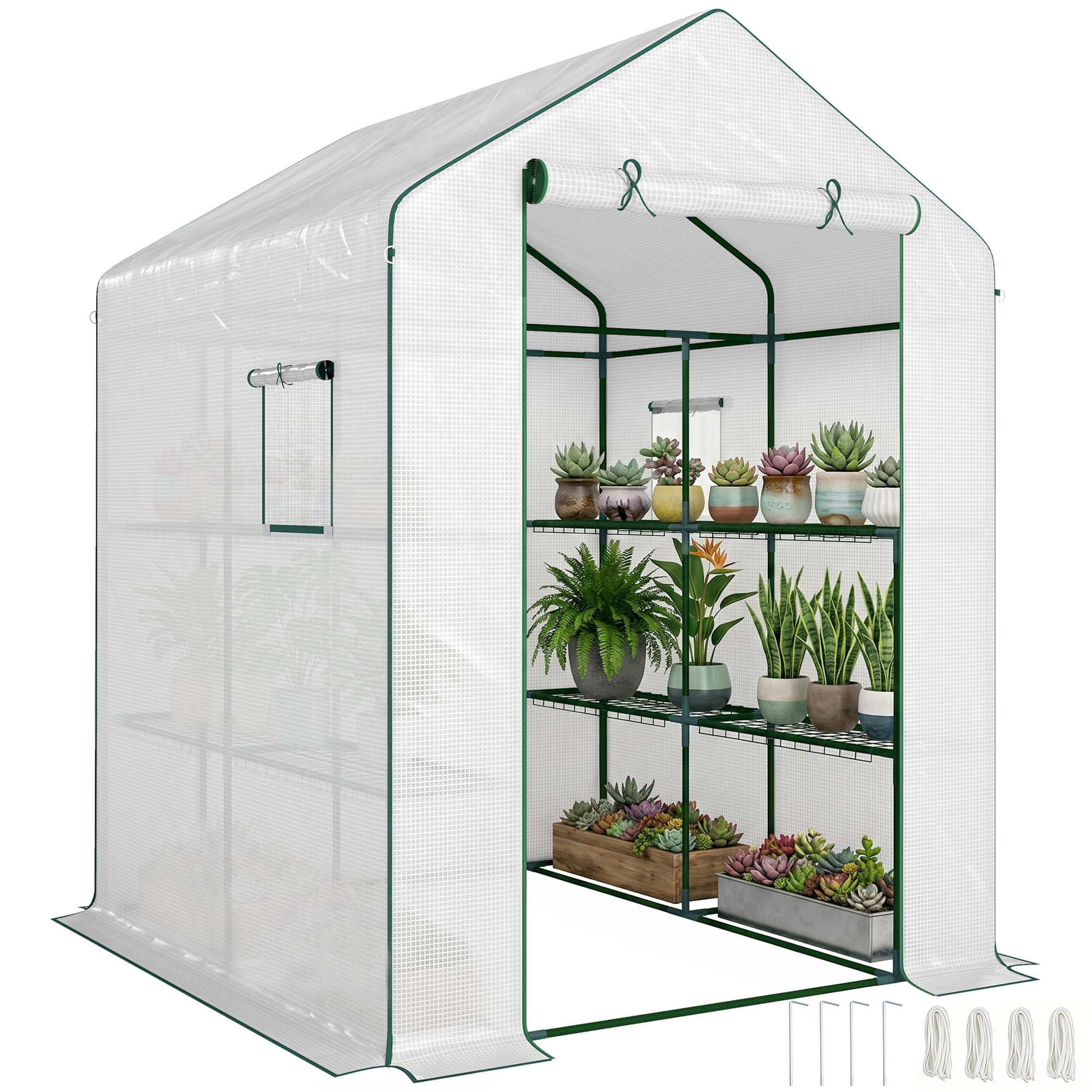 Gartengewächshaus Mit Tür 2 Fenstern Und 3 Ebenen Regalen Pe-folie Für Gemüse Pflanzen Blumen 140 X 143 X 190 Cm Weiß