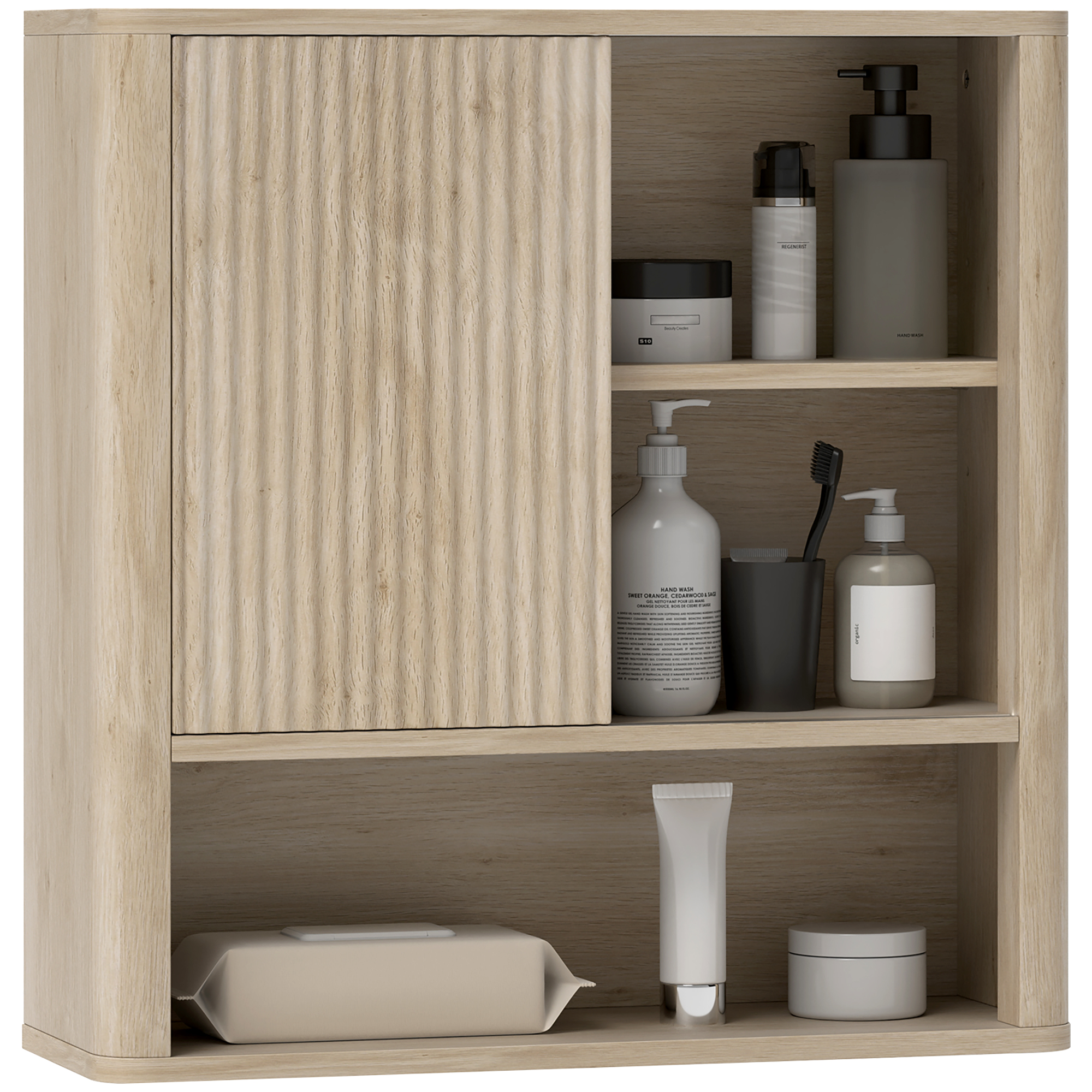Badezimmerschrank Wandmontage Mit Verstellbaren Regalen Schiebetür Und Offenen Ablagen Naturholz