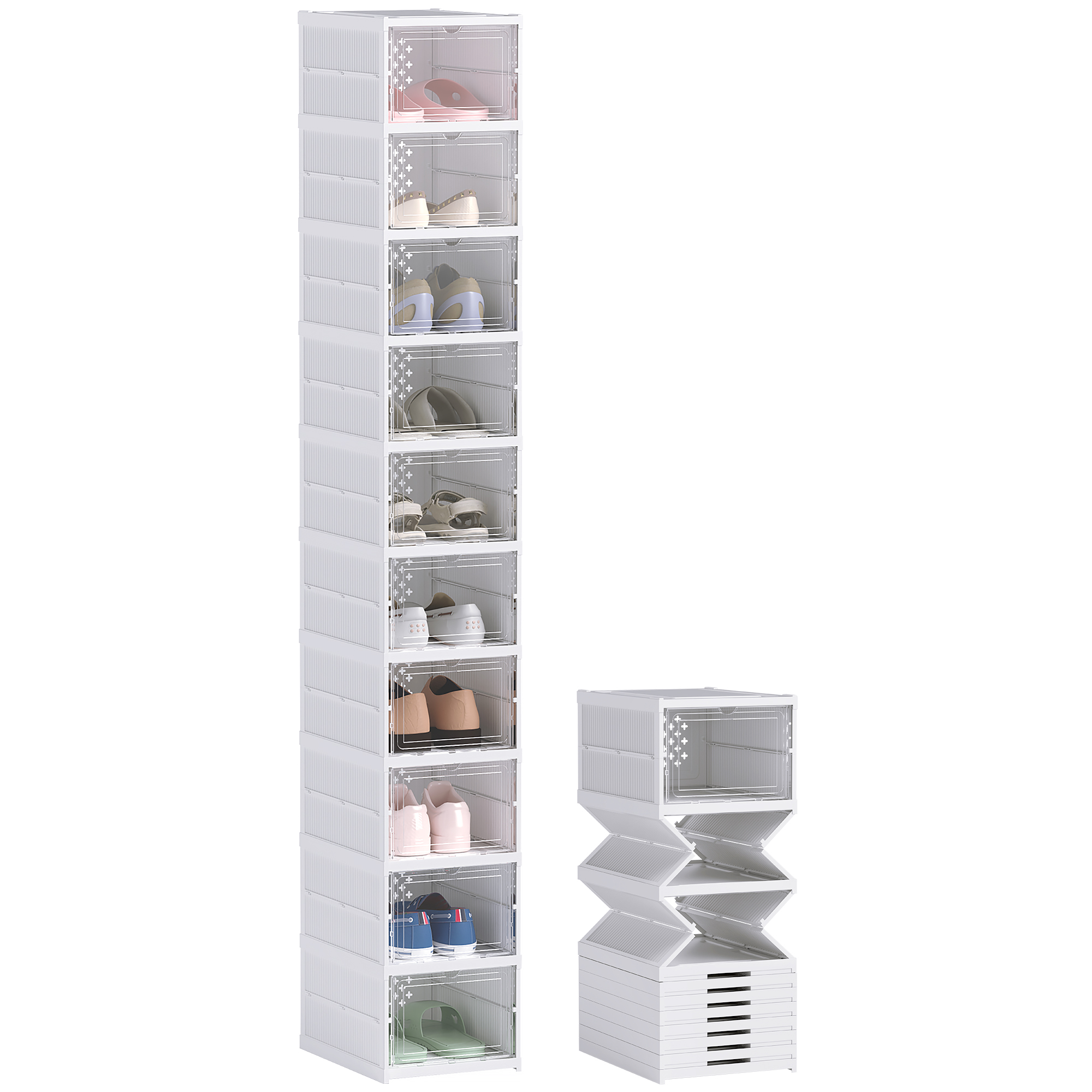 Set 10 Faltbare Schuhboxen Aus Kunststoff Stapelbar Mit Deckel Für Schuhgröße Bis 43 Weiß