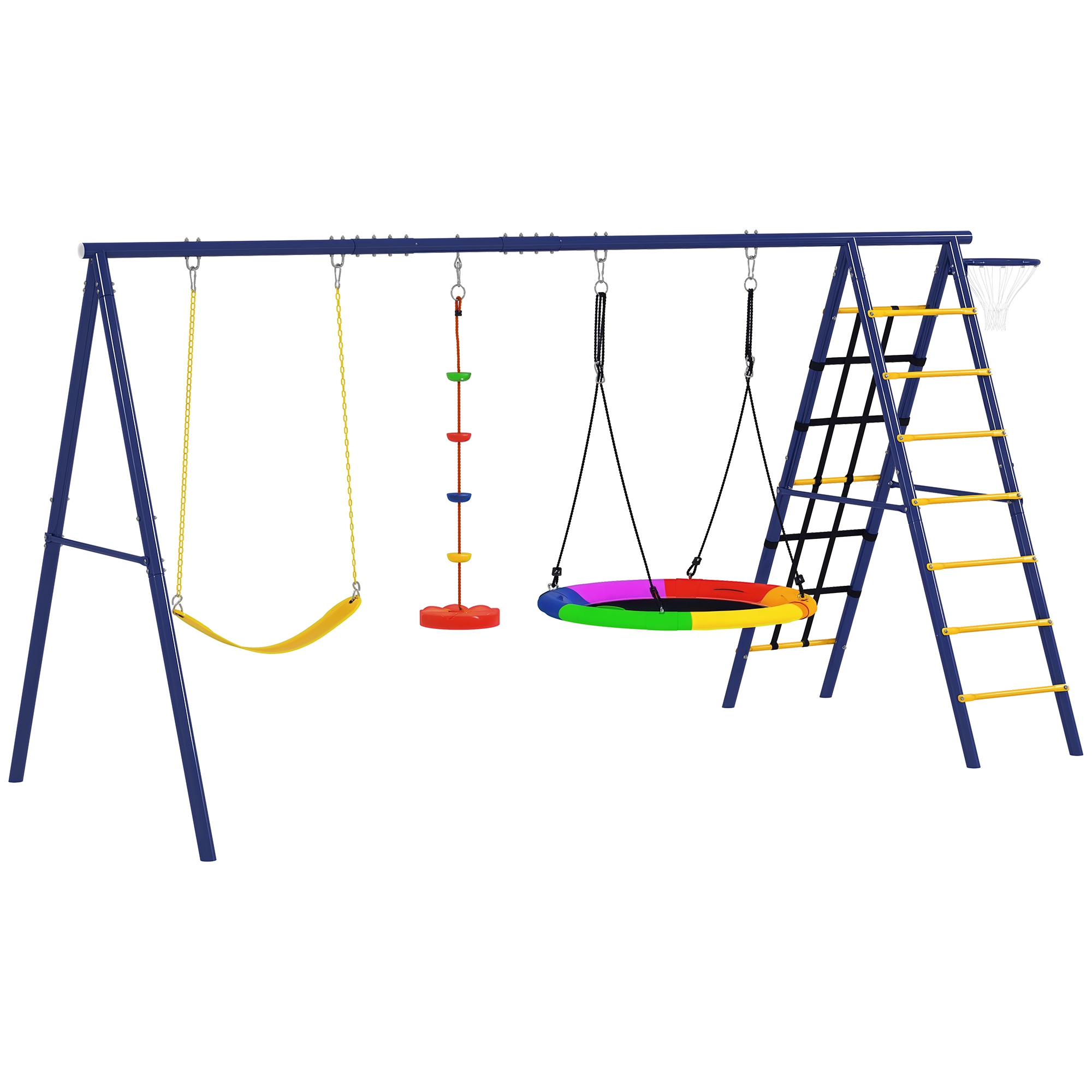 Schaukelgestell Outdoor 6 In 1 Mit 3 Schaukeln Basketballkorb Kletterleiter Und Kletternetz Mehrfarbig