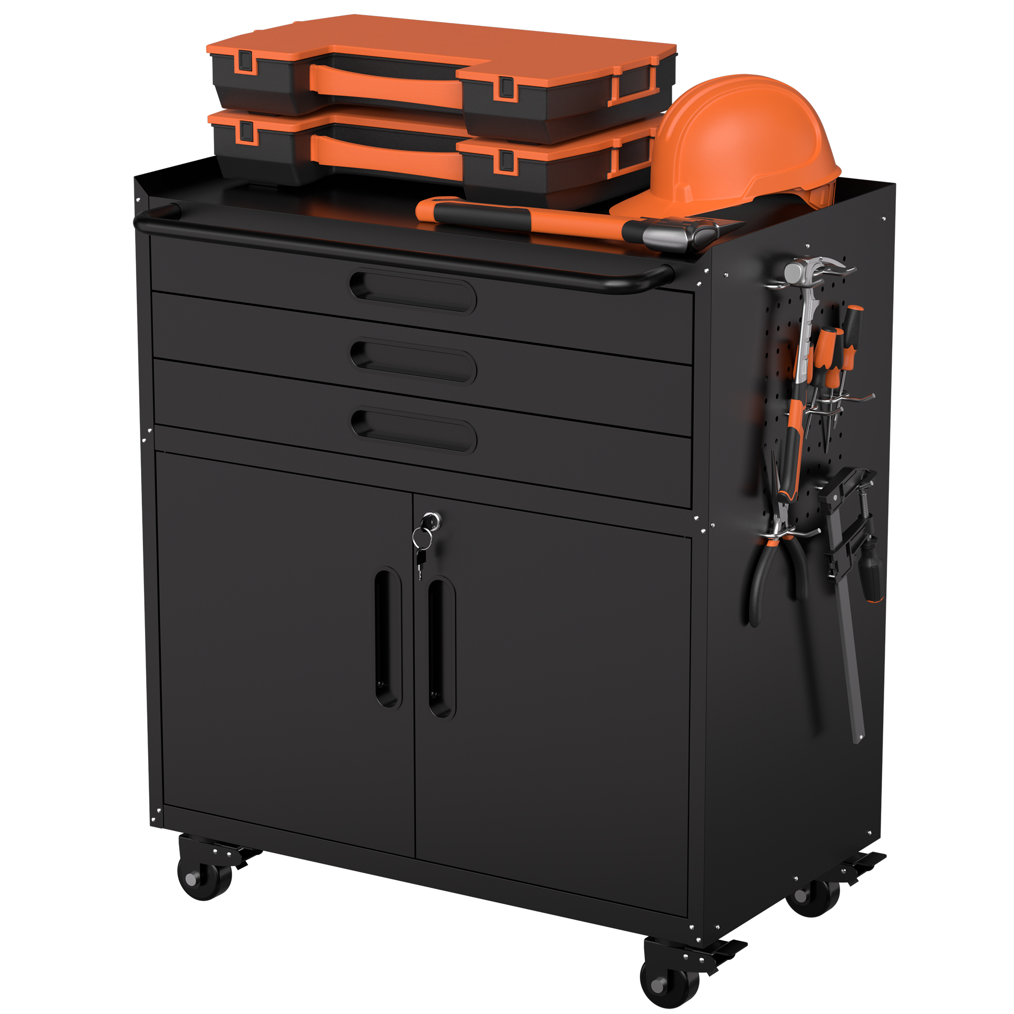 Fahrbarer Metall-werkzeugschrank, Maße H 87,3 × B 75 × T 42 Cm – Schwerlast-garagenschrank Mit Abschließbaren Türen Und 3 Schubladen, Mobiler Organizer Für Werkbank, Garage, Werkstatt Und Haushalt