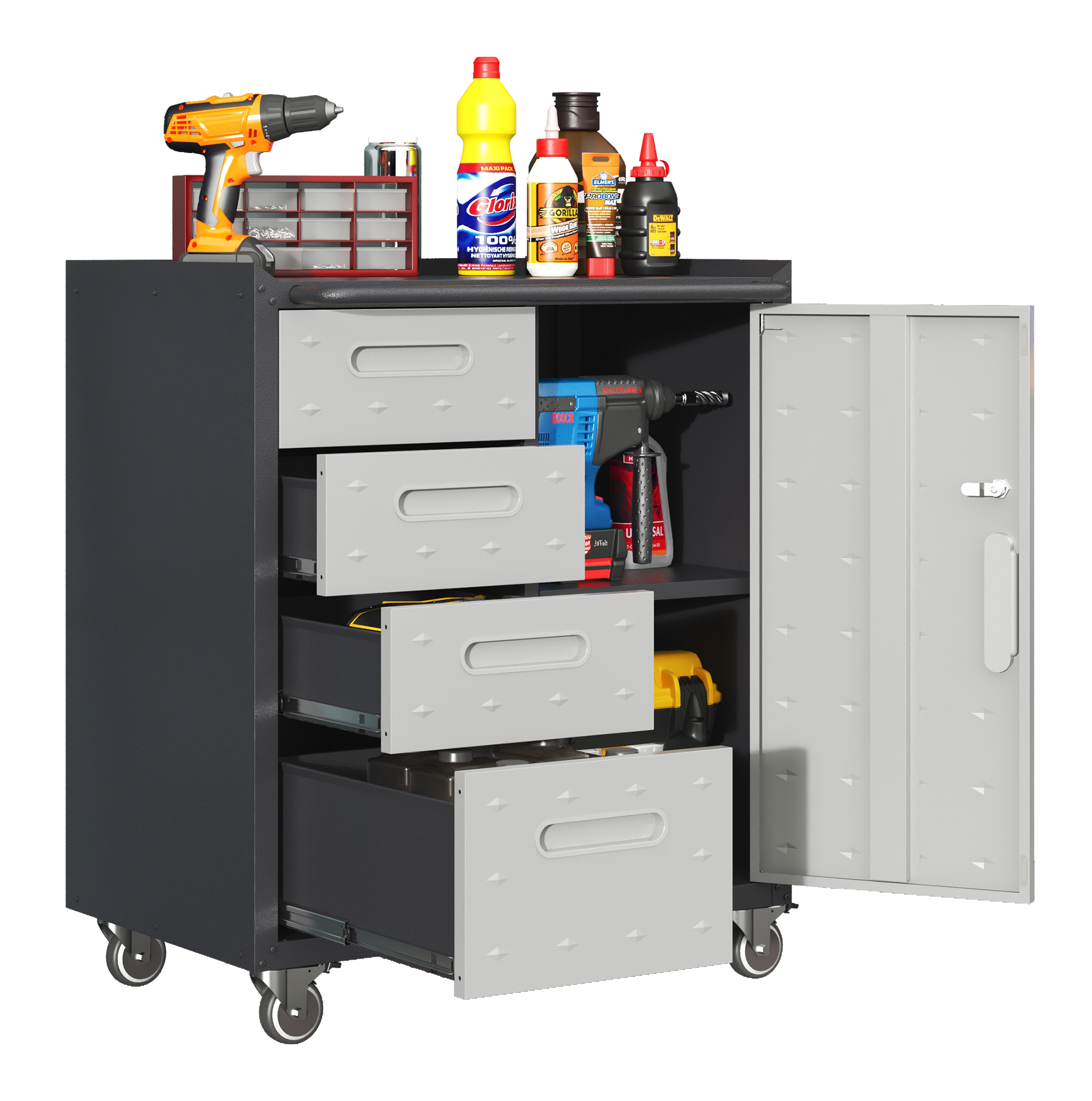 Stabiler Metall-werkzeugschrank Mit Rollen – 75 × 42 × 88 Cm, Schwarz/grau, Für Garage, Büro & Haushalt