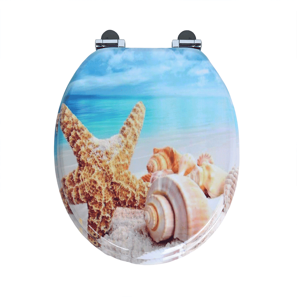 Homseat Mdf Toilet Seat With Soft Close Function, Seashell And Starfish Patterns