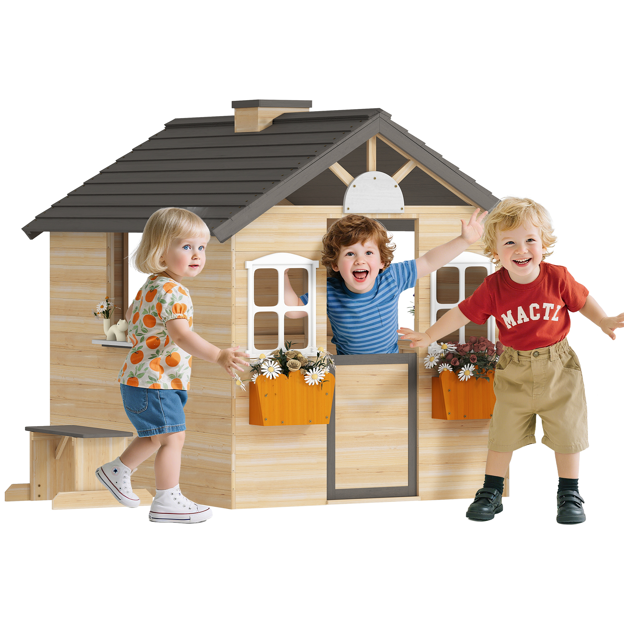 Spielhaus Für Kinder Von 3 Bis 7 Jahren Mit 2 Fenstern, Blumentopf Und Bank, Aus Tannenholz Und Polypropylen, 113 X 94 X 134,5 Cm