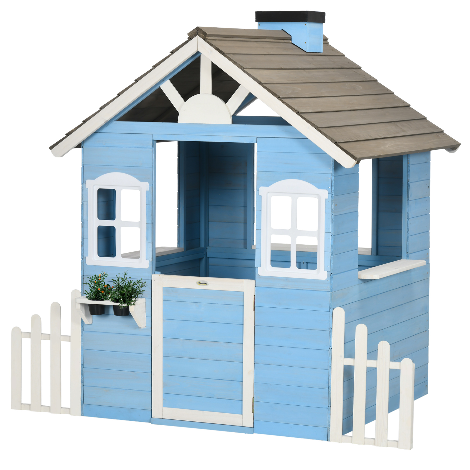 Spielhaus Für Kinder Von 3 Bis 7 Jahren Mit Zaun, Blumentopf, Tür Und Fenstern, Aus Tannenholz, 151 X 112,5 X 142 Cm, Blau