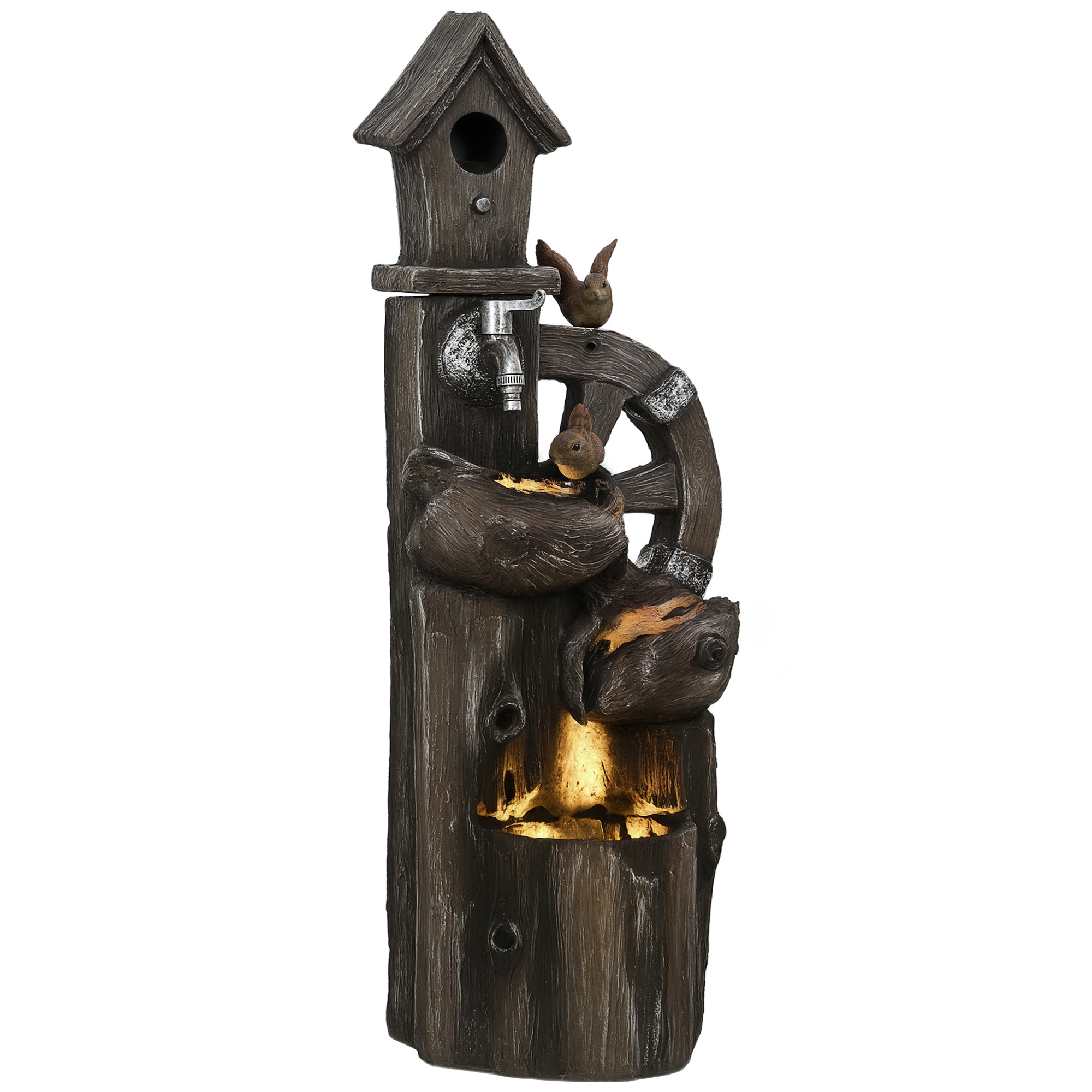 2-in-1-kaskadenbrunnen Mit Vogelhaus, Led-beleuchtung Und Pumpe – Dekoratives Gartenelement Mit Mehrfarbigen Holzscheiten