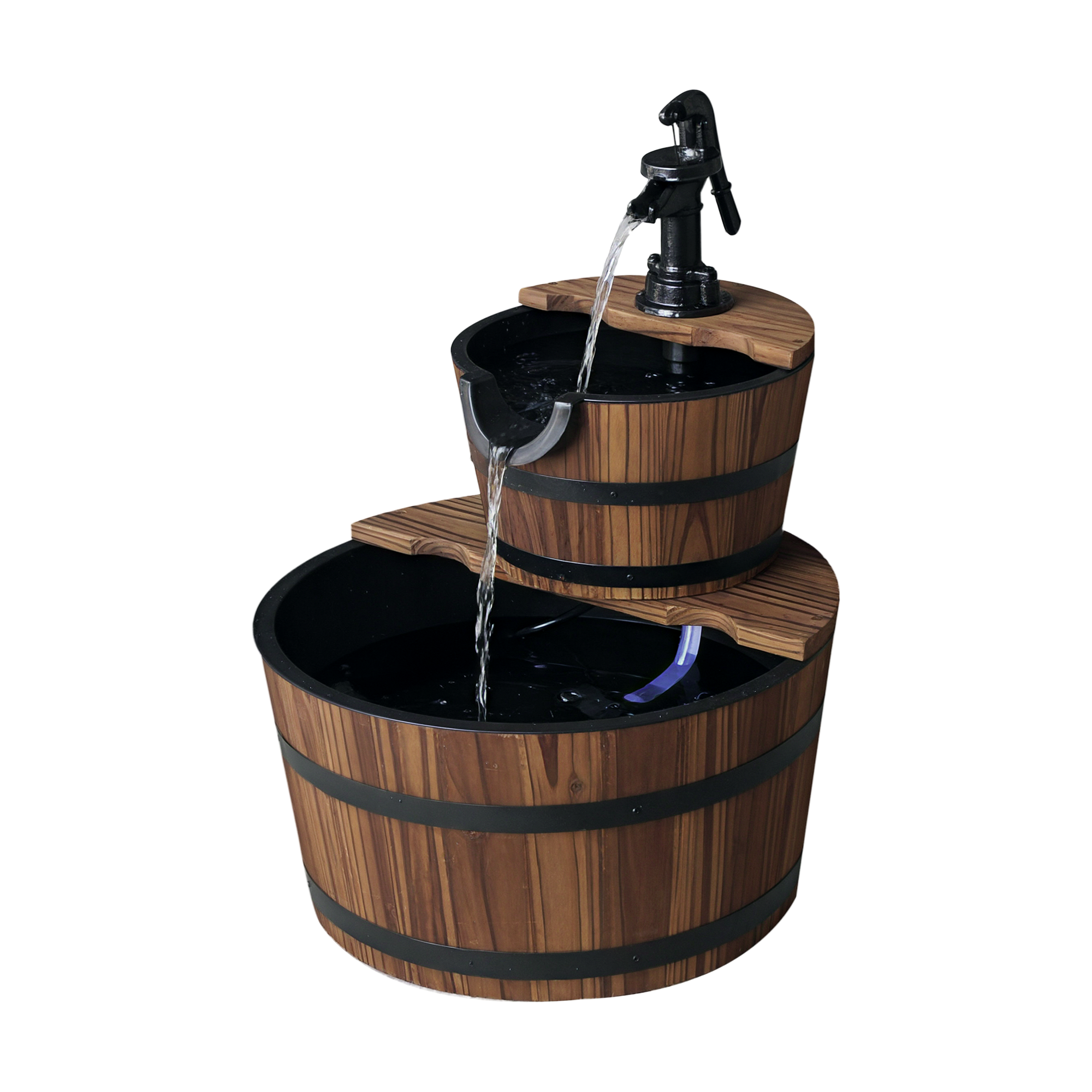Zweistufiger, Kaskadenförmiger Gartenbrunnen Aus Holz Mit Elektrischer Pumpe Und Verstellbarem Wasserauslauf, 44,5 X 44,5 X 58,5 Cm, Naturholz