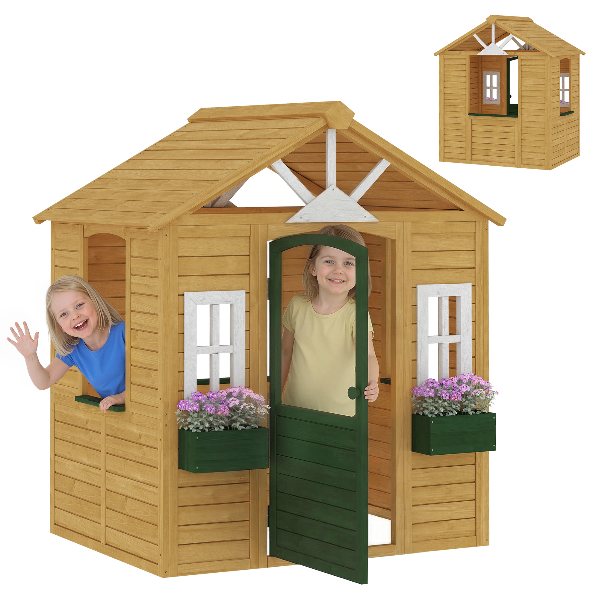 Spielhaus Aus Holz Für Kinder, Mit Tür, 3 Fenstern Und 2 Pflanzkästen, Für Kinder Von 3 Bis 8 Jahren, 134,5 X 97 X 150 Cm, Braun