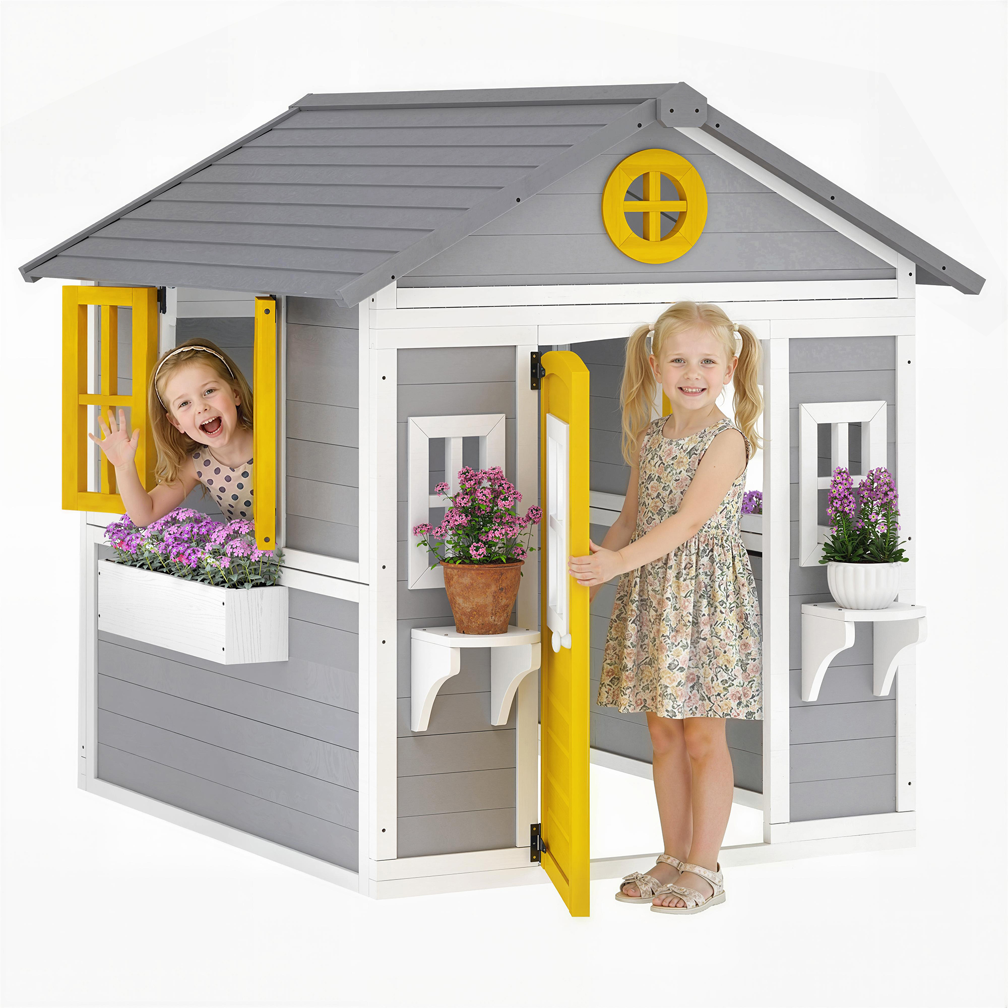 Wetterfestes Holzspielhaus Für Kinder, Mit Tür, 6 Fenstern, 2 Pflanzkästen Und 2 Blumenständern, Geeignet Für Kinder Im Alter Von 3 Bis 8 Jahren, Grau.