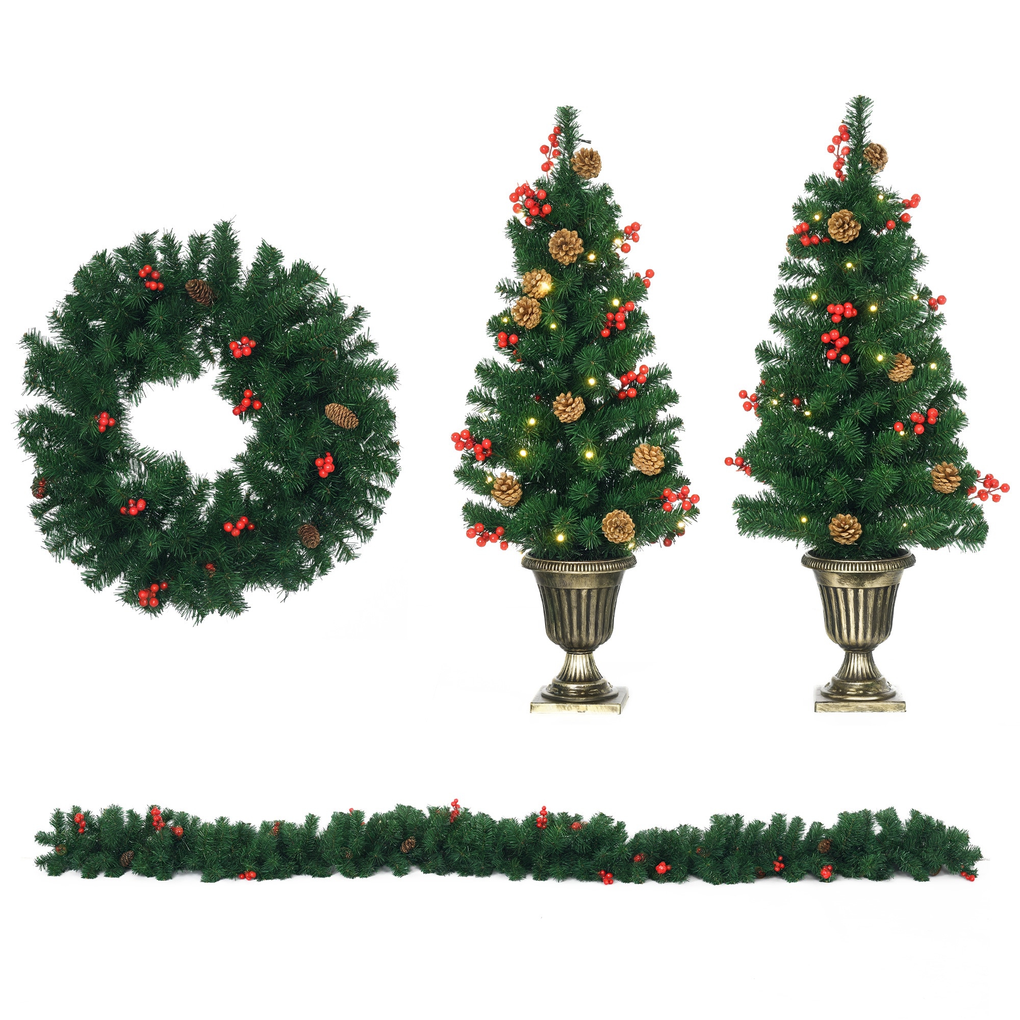Weihnachtsdekoration, 4-teiliges Set Bestehend Aus 2 Weihnachtsbäumen (ø 40 X 90 Cm), Einer Weihnachtsgirlande Und Einem Weihnachtskranz