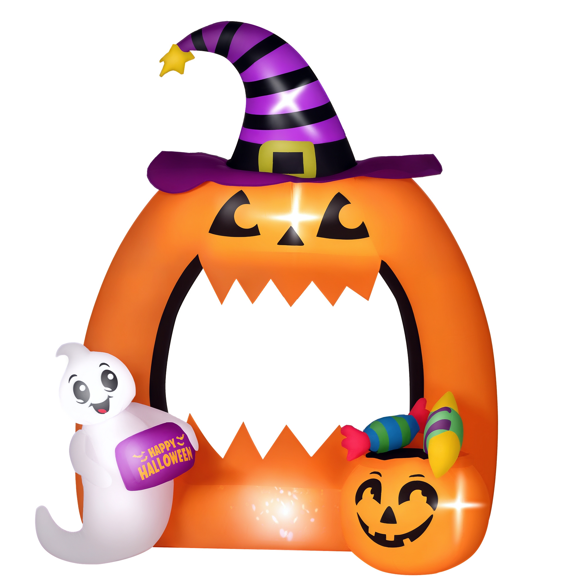 Aufblasbarer Halloween-kürbisbogen (150 Cm) Mit Niedlichem Geist, Aufblasbare Halloween-dekoration Mit Led-beleuchtung