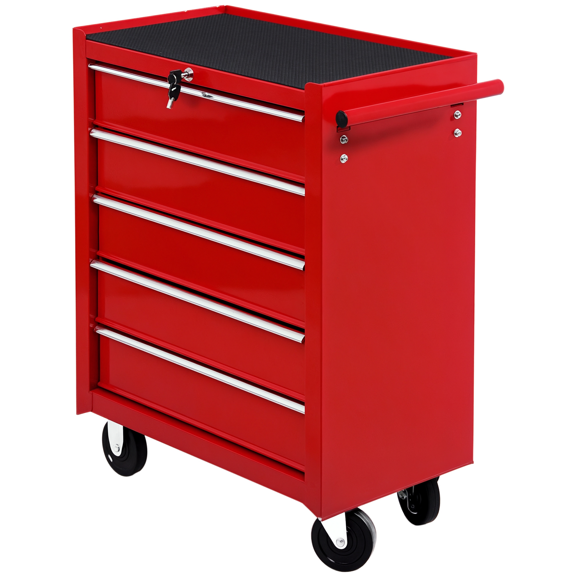 Werkzeugwagen Mit 5 Schubladen, Schloss, 2 Schlüsseln Und Abnehmbarem Wandgriff. 2 Rollen Mit Bremsen. Rote Eva-beschichtung. Stahlblech. Maße: 67,5 X 33 X 77 Cm.