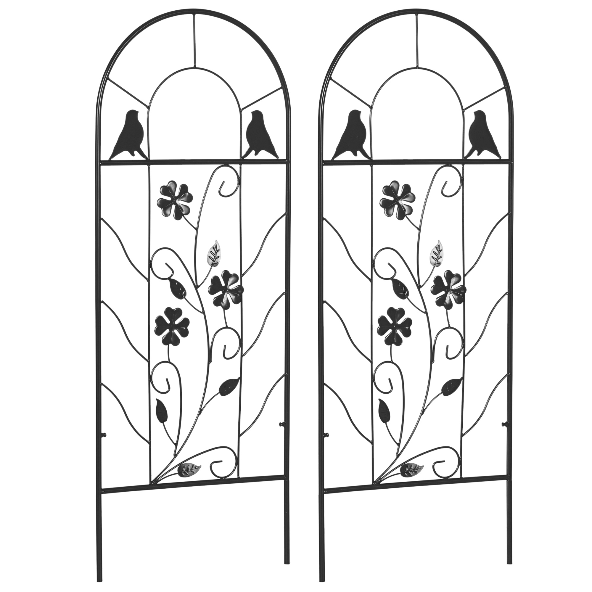 Set Aus 2 Metallspalieren, Verziert Mit Vögeln Und Kleeblättern, Für Garten Und Terrasse, Schwarz, 38 X 98 Cm