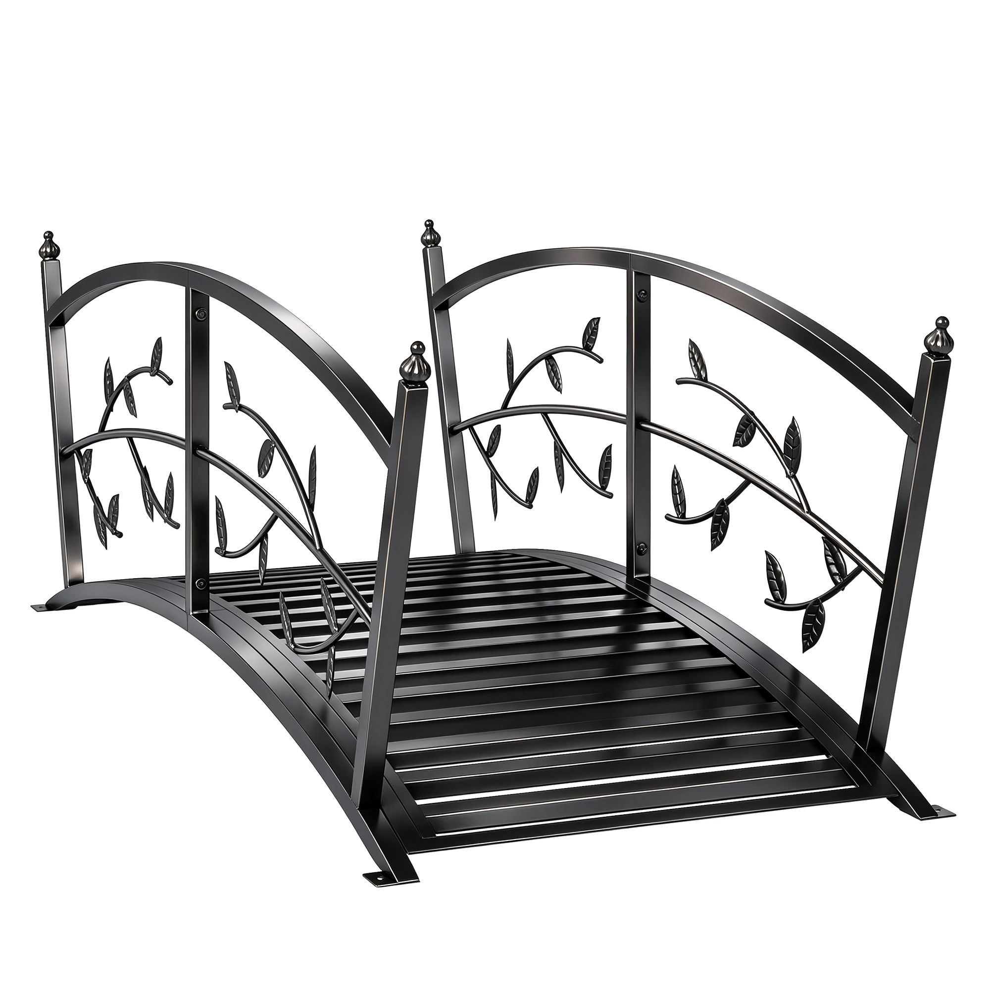Dekorative 1,2 M Lange Gartenbrücke Aus Metall Mit Sicherheitsgeländer Und Blattmuster, Schwarz.