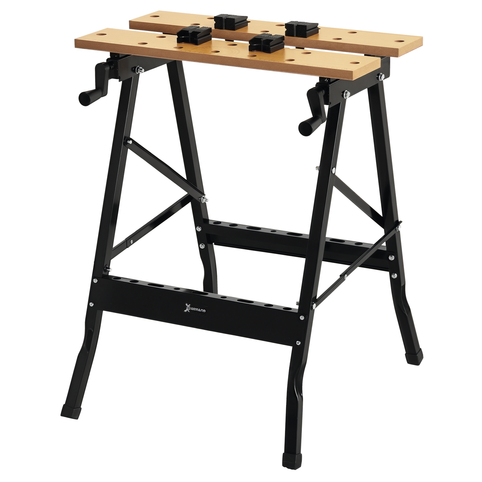 Tragbare, Klappbare Werkbank Mit 4 Bohrungen Für Schraubzwingen Und Säge, Für Heimwerkerarbeiten. Gestell Aus Eisen Und Mdf, Tragkraft Bis 70 Kg, Maße: 56 X 62 X 75 Cm, Naturschwarz.