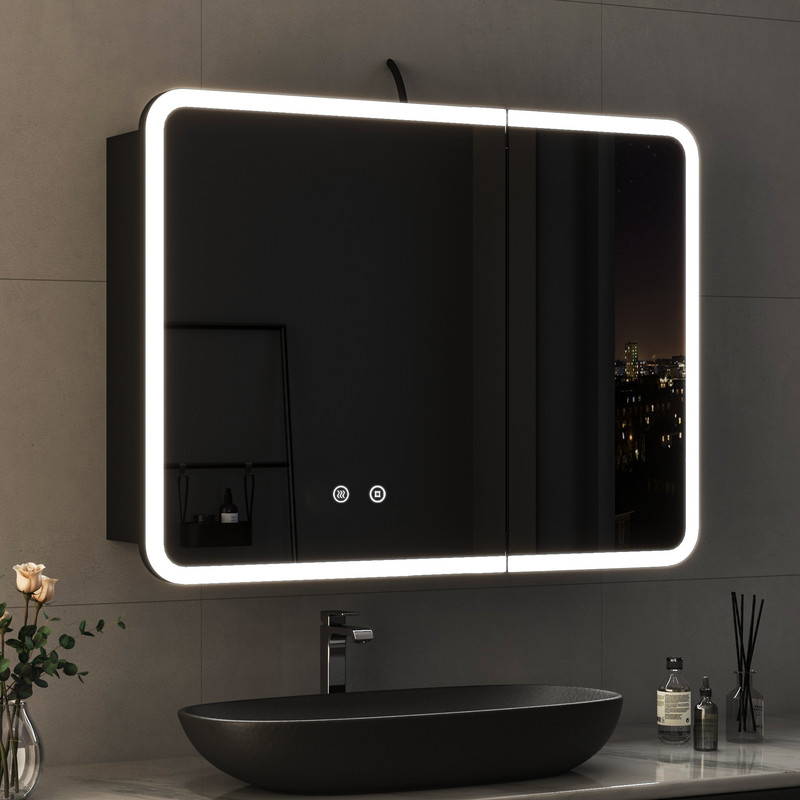 Schwarzer Spiegelschrank Mit Beleuchtung 80x60cm Komplett Vormontiert Spiegelschrank Bad Mit Beleuchtung Badspiegel Schwarz Badezimmerschrank Hängeschränke Medizin Kabinett Mit 3 Einstellbare Lichtfar