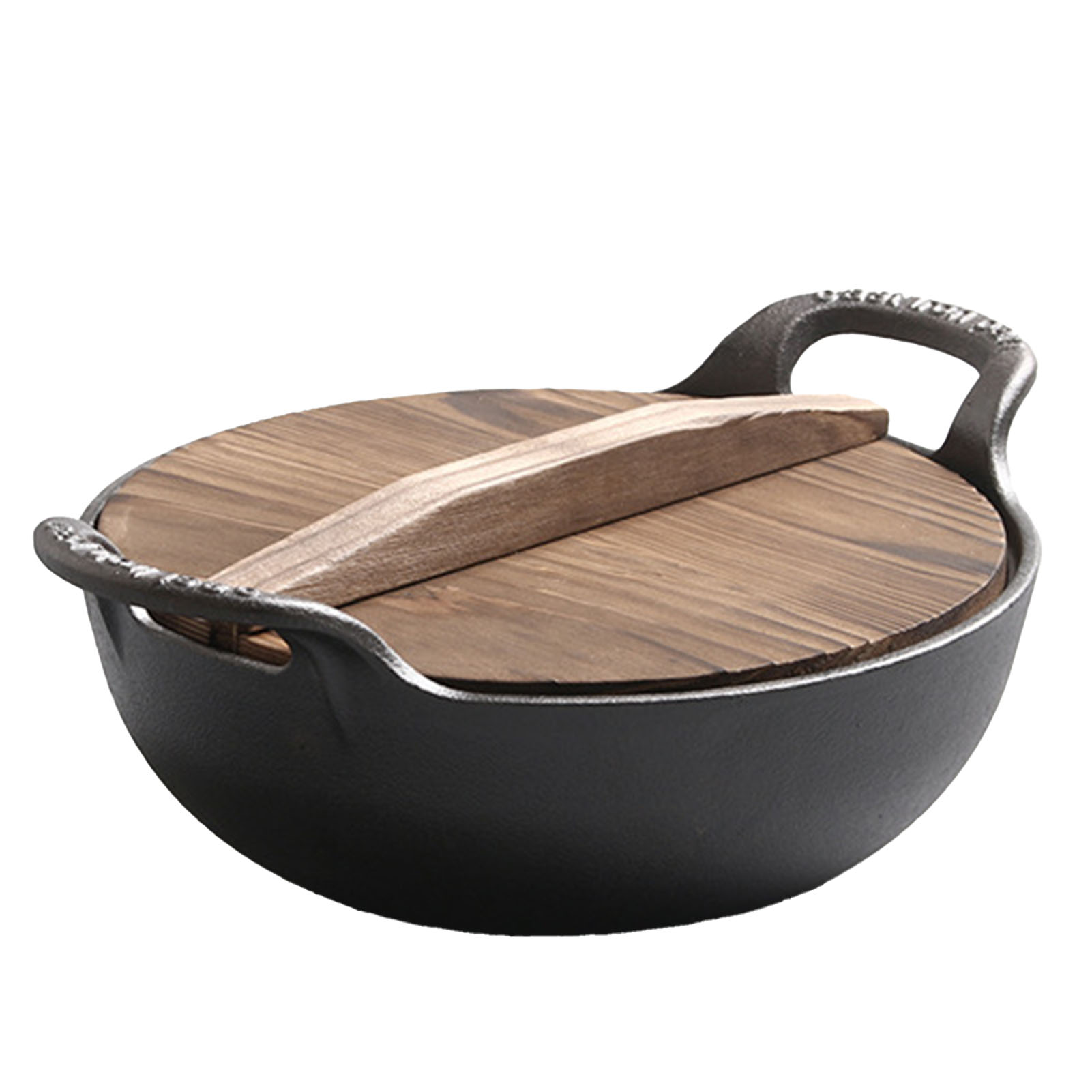 Dicke, Antihaftbeschichtete Wok-bratpfanne Aus Gusseisen Mit Holzgriffen Am Deckel Für Verschiedene Herdarten, 30 Cm / 11,8 Zoll.