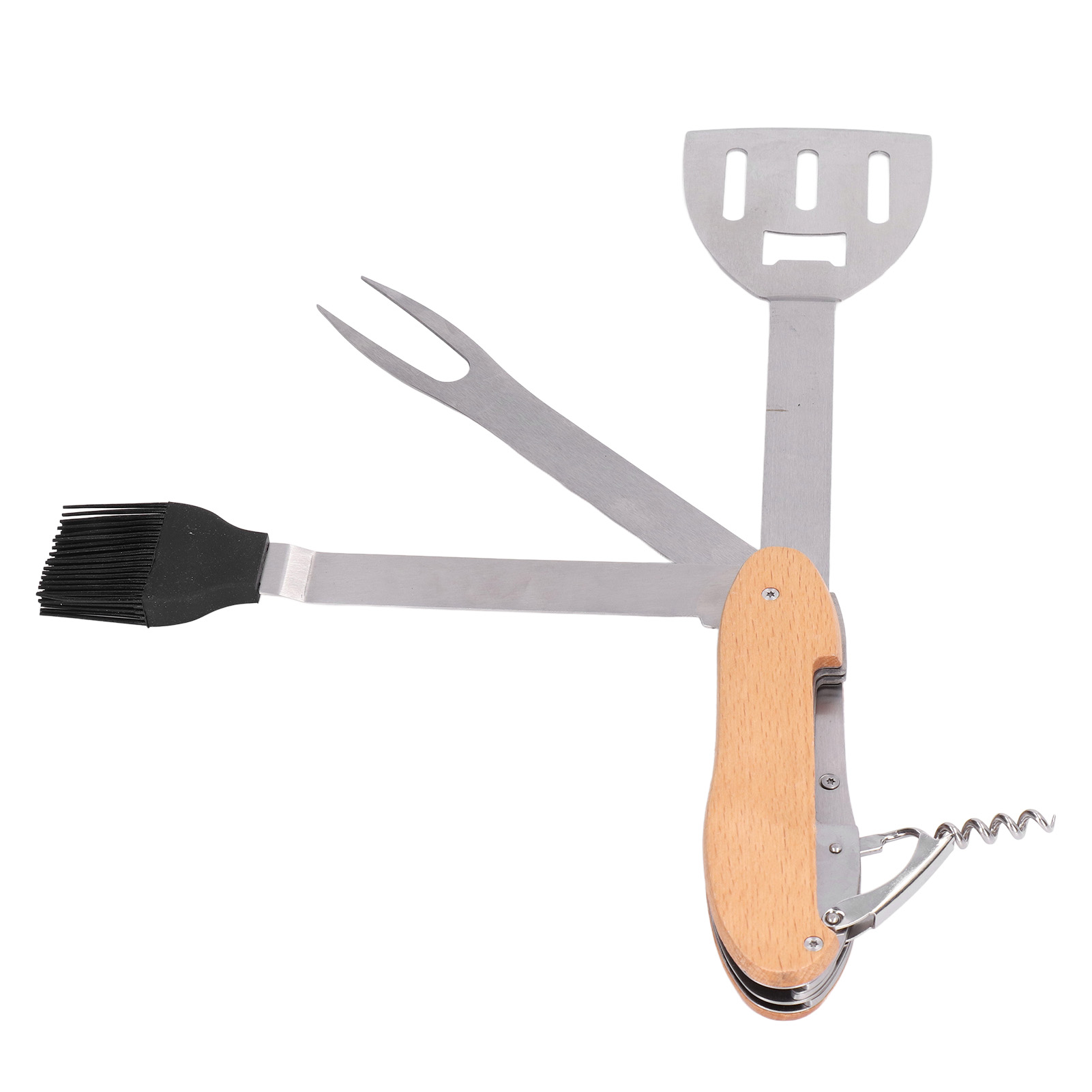 5-in-1 Grillbesteck-set, Multifunktionaler, Faltbarer, Tragbarer Pfannenwender, Bürste, Gabel, Flaschenöffner, Edelstahl-grillkombination.