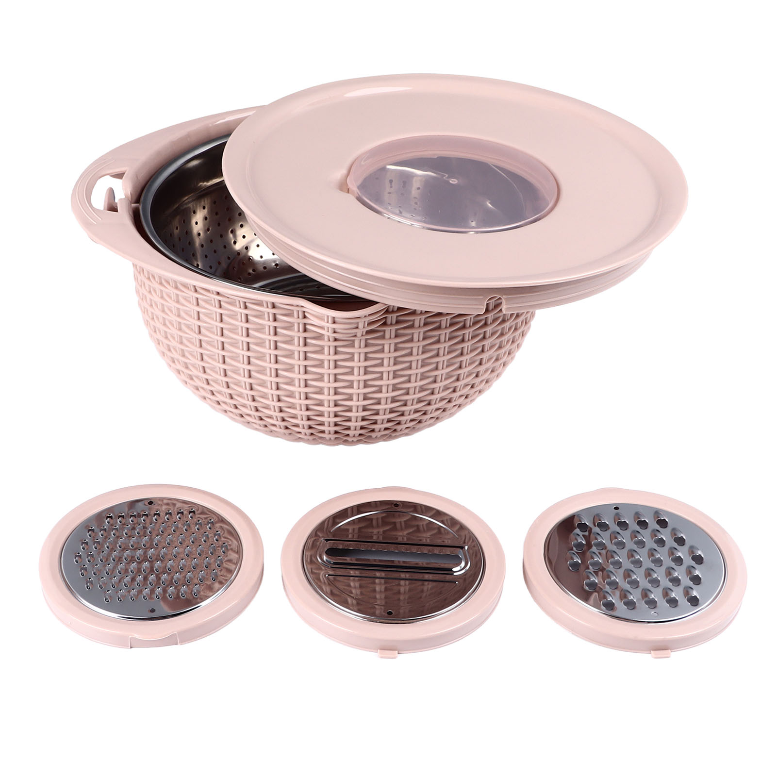 4-in-1-sieb Mit Schneideinsätzen, Drehbarem Siebeinsatz, 2 Edelstahl-schichten, Ergonomischem Griff, Vielseitig Zum Waschen Von Gemüse, Rosa.