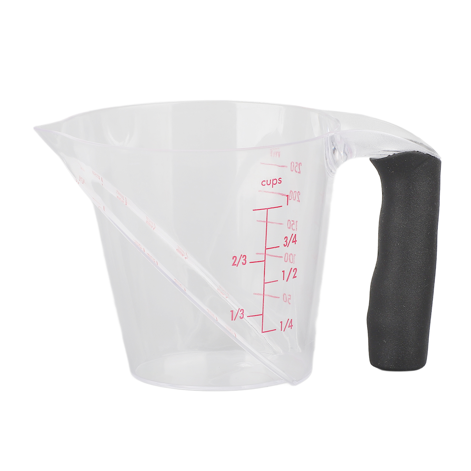 Abgewinkelter Messbecher Aus Hitzebeständigem Kunststoff Mit Griff, Zum Trinken, Kochen Und Ausgießen Von Flüssigkeiten, 250 Ml.