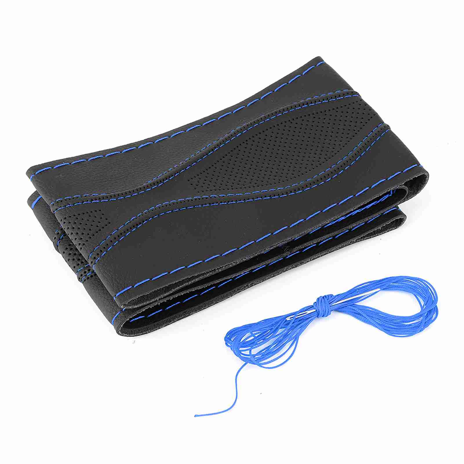 Lederlenkradbezug 38 Cm/15 Zoll, Handgenäht, Geprägt Mit Universalnadel Und -faden, Schwarz Und Blau.