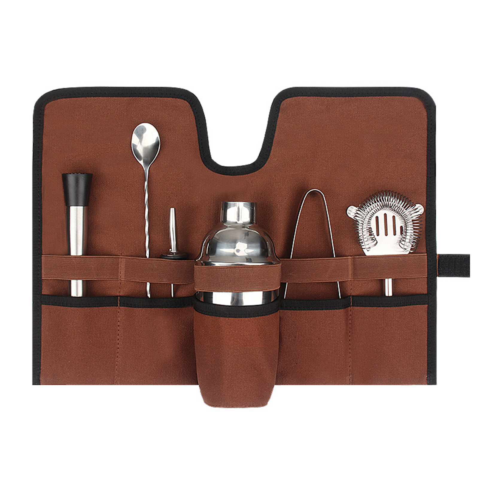 Cocktailset Aus Canvas, Tragetasche, Faltbarer Rollgurt, Tragbares Professionelles Mixologie-set Für Outdoor-camping, Braun.